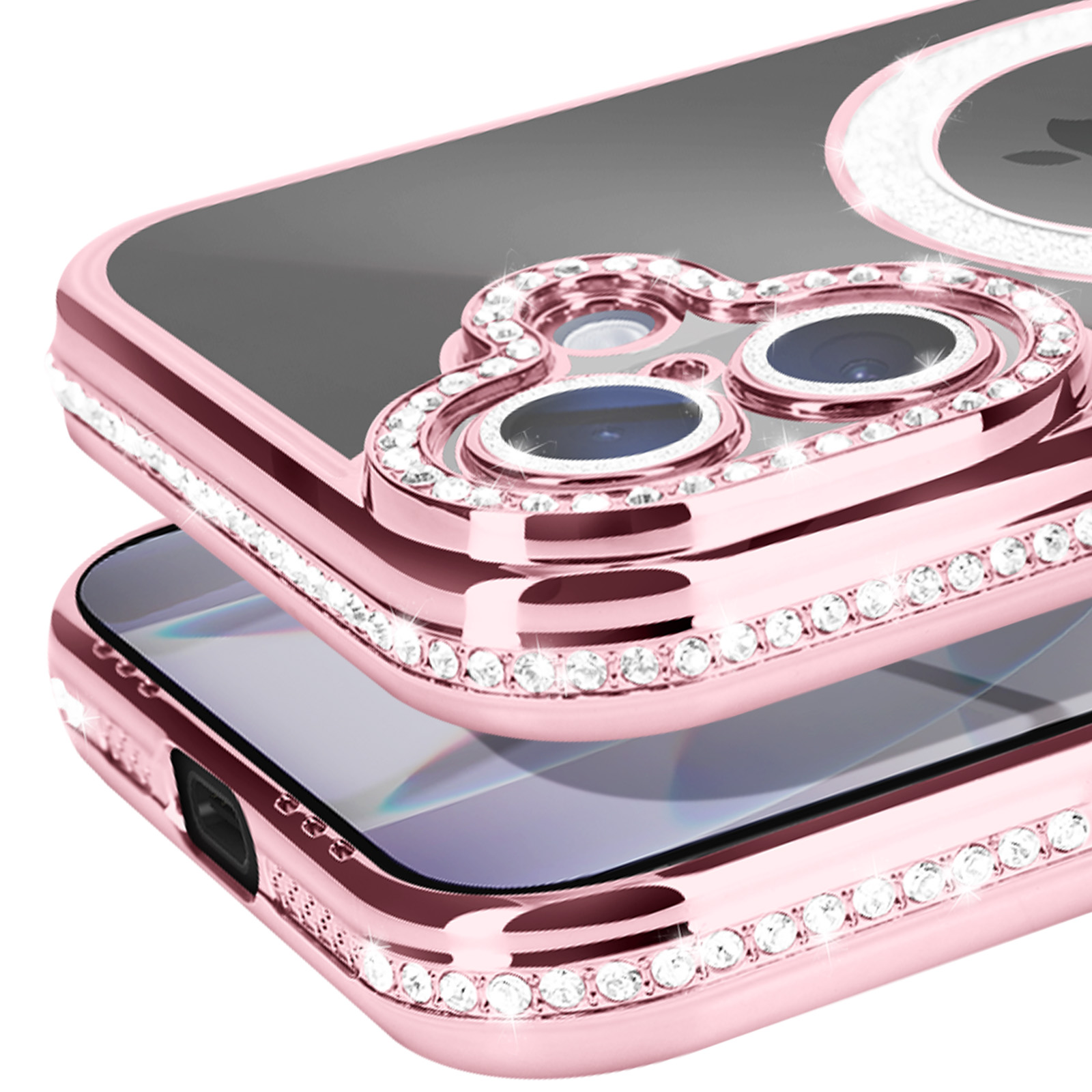 Gros plan d'une coque de téléphone rose avec un anneau de caméra et des bords incrustés de diamants, superposés.