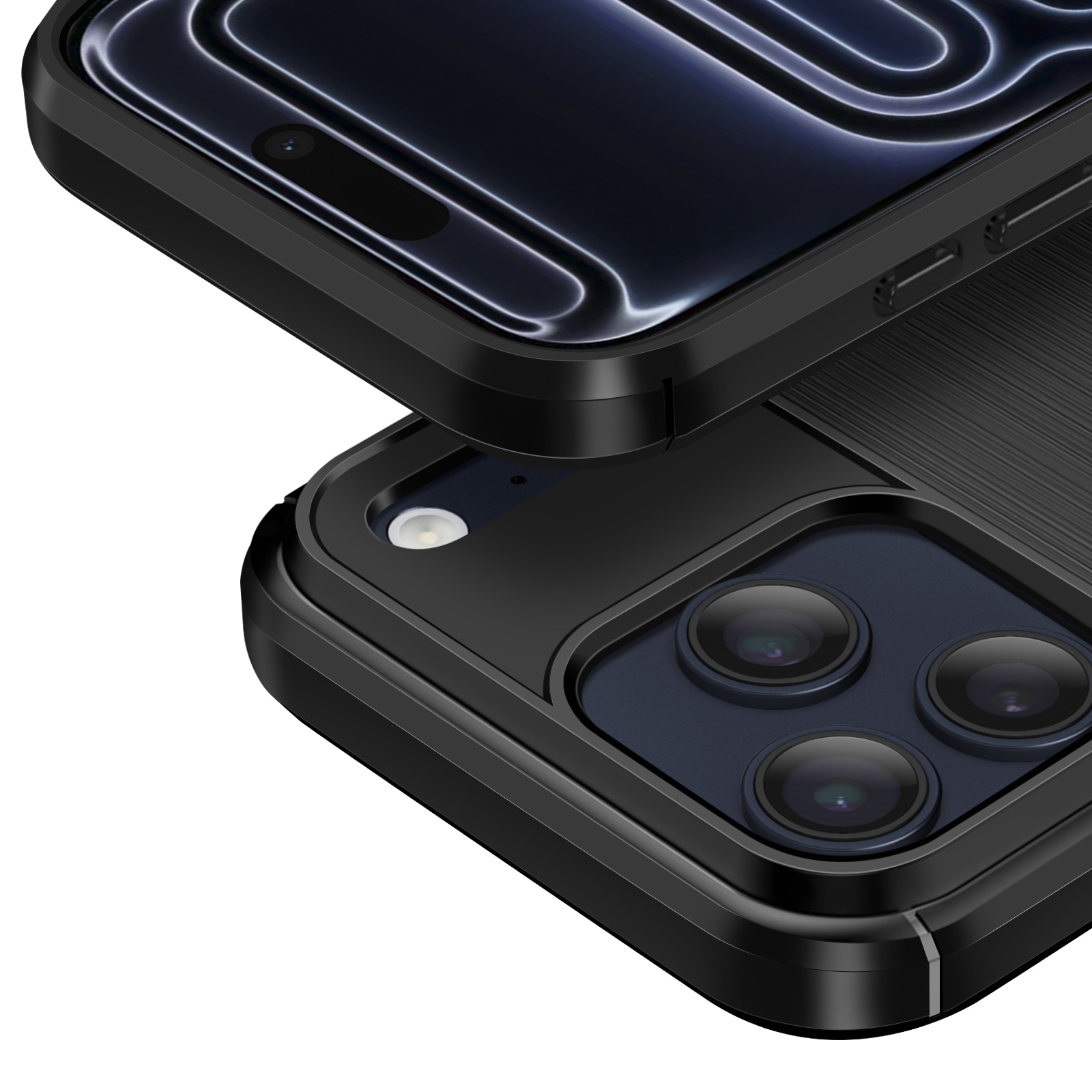 Una vista ravvicinata di una custodia nera per telefono con uno schermo del telefono sopra. La custodia ha ritagli per la fotocamera e pulsanti.