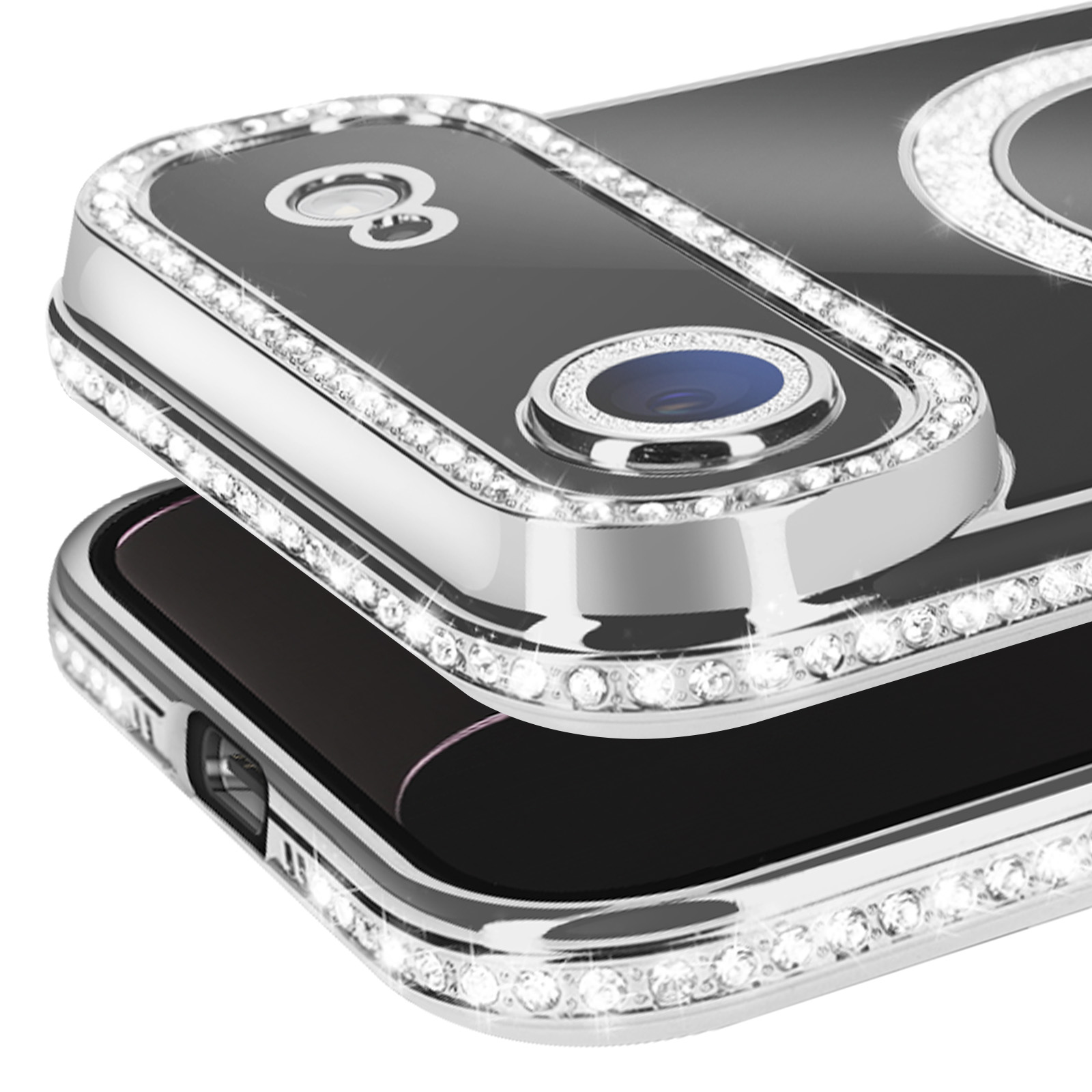 Close-up van een telefoonhoesje met diamanten. Zilveren frame, zwart oppervlak en twee camera's. Glanzend en reflecterend.