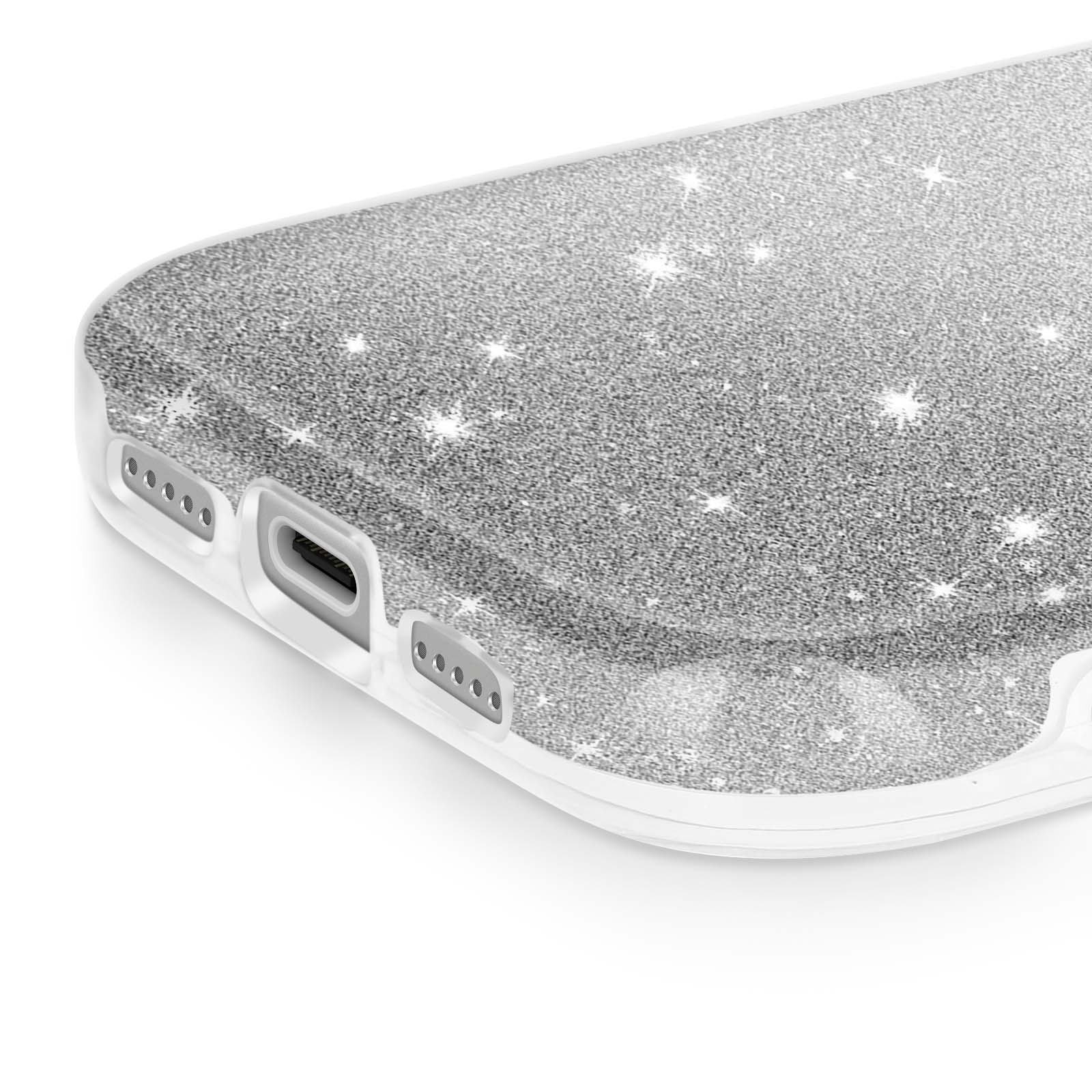Close-up van een telefoonhoesje. De bovenkant is zilveren glitter, de zijkant is wit met uitsparingen.