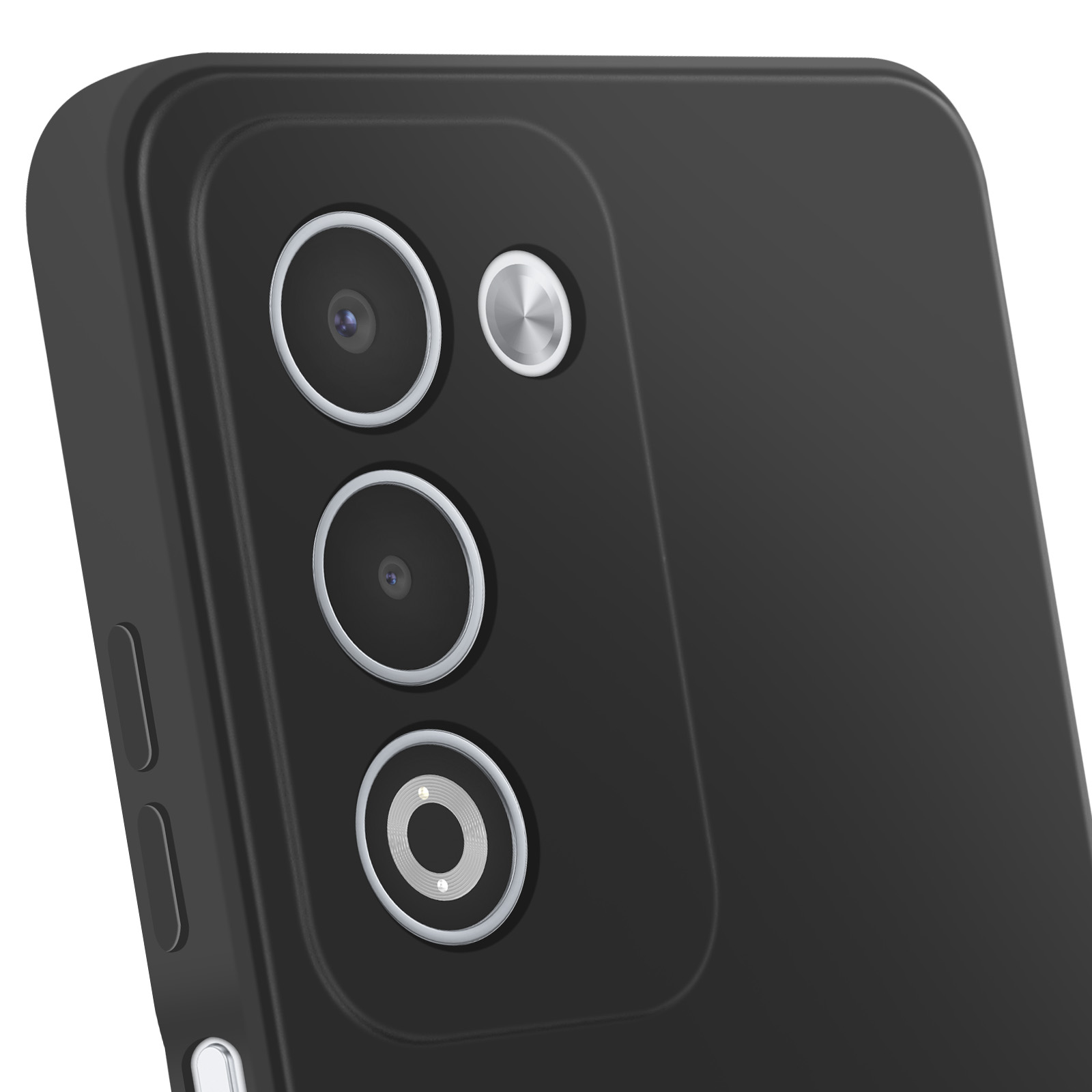 Primo piano del retro di uno smartphone nero. Sono visibili tre lenti della fotocamera con anelli argentati e un flash.