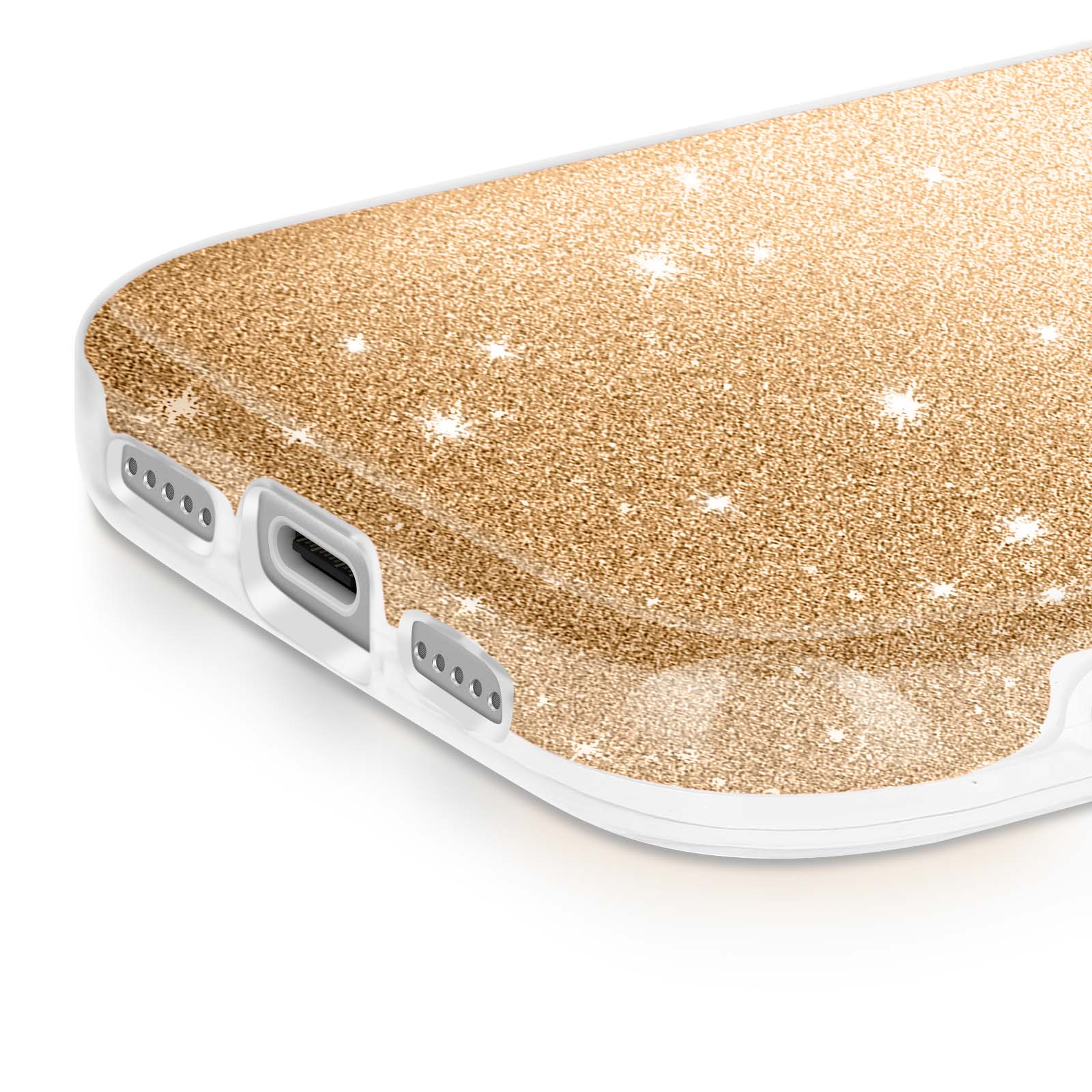 Een close-up van een telefoonhoesje met gouden glitter en witte randen. De hoes heeft openingen voor oplaadpoorten en luidsprekers.
