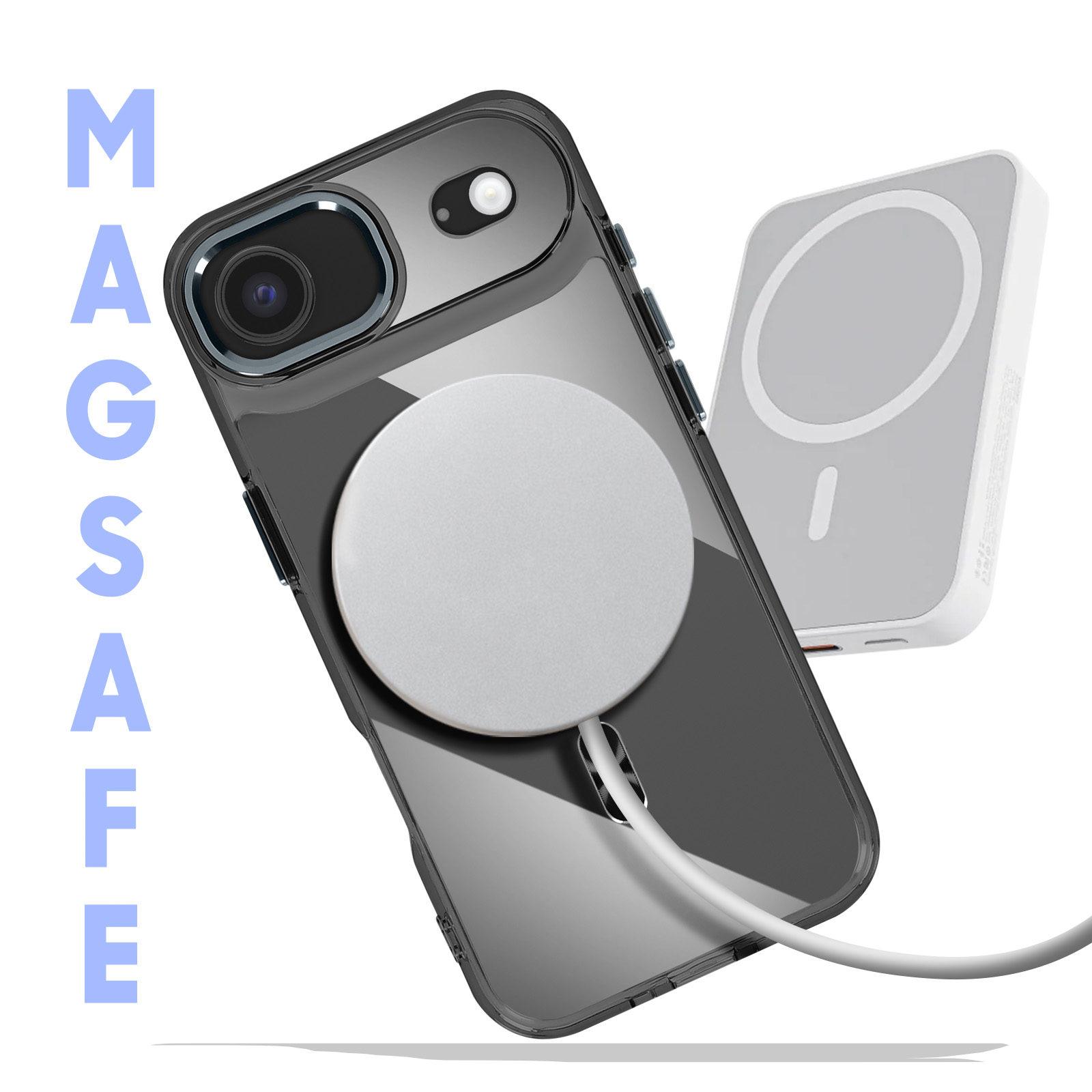 Een telefoonhoesje met een MagSafe-oplader en powerbank. De hoes is zwart, de oplader en powerbank zijn grijs.