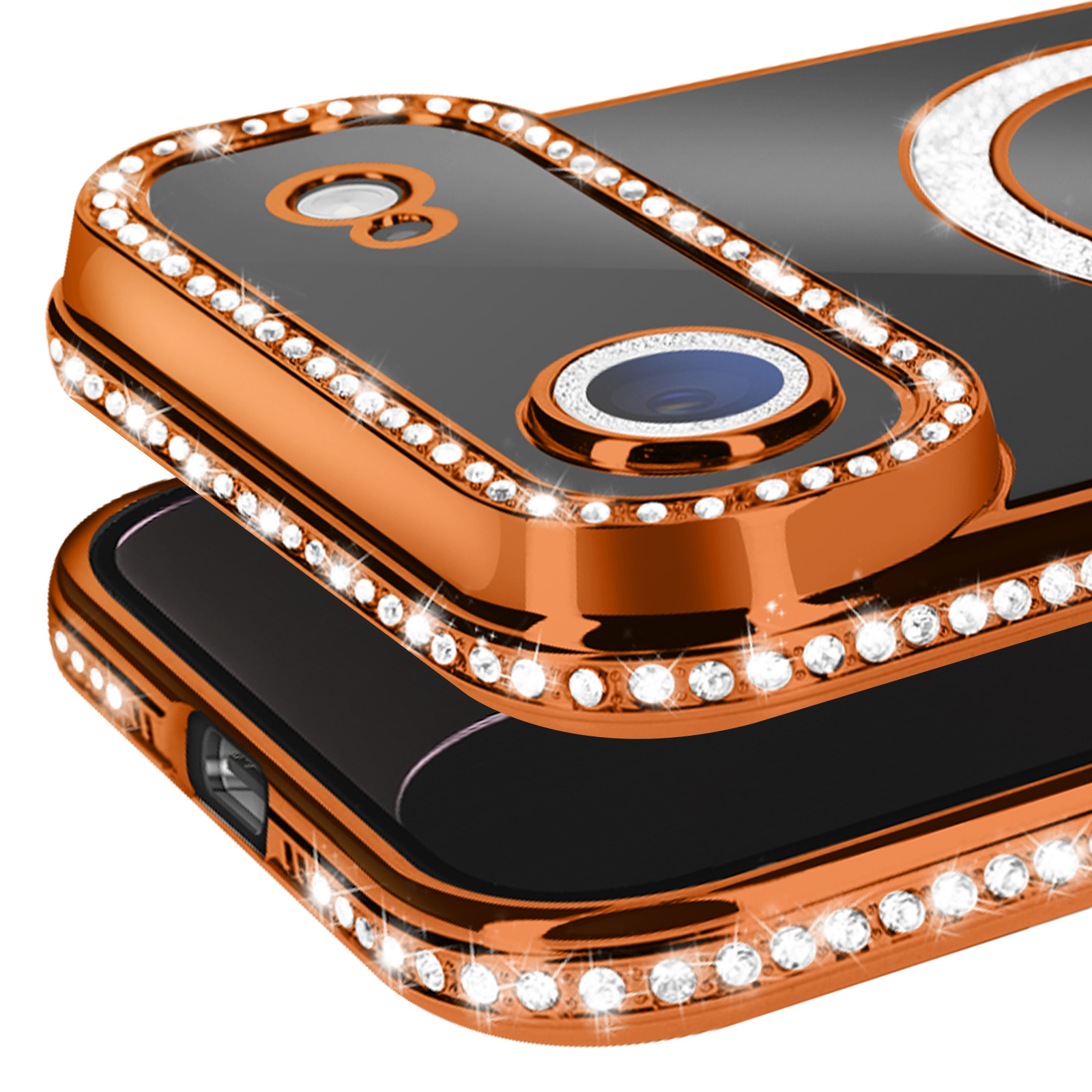 Close-up van twee telefoonhoesjes. Ze zijn goudkleurig, zwart en versierd met strass. De bovenste hoes ligt iets boven de onderste.
