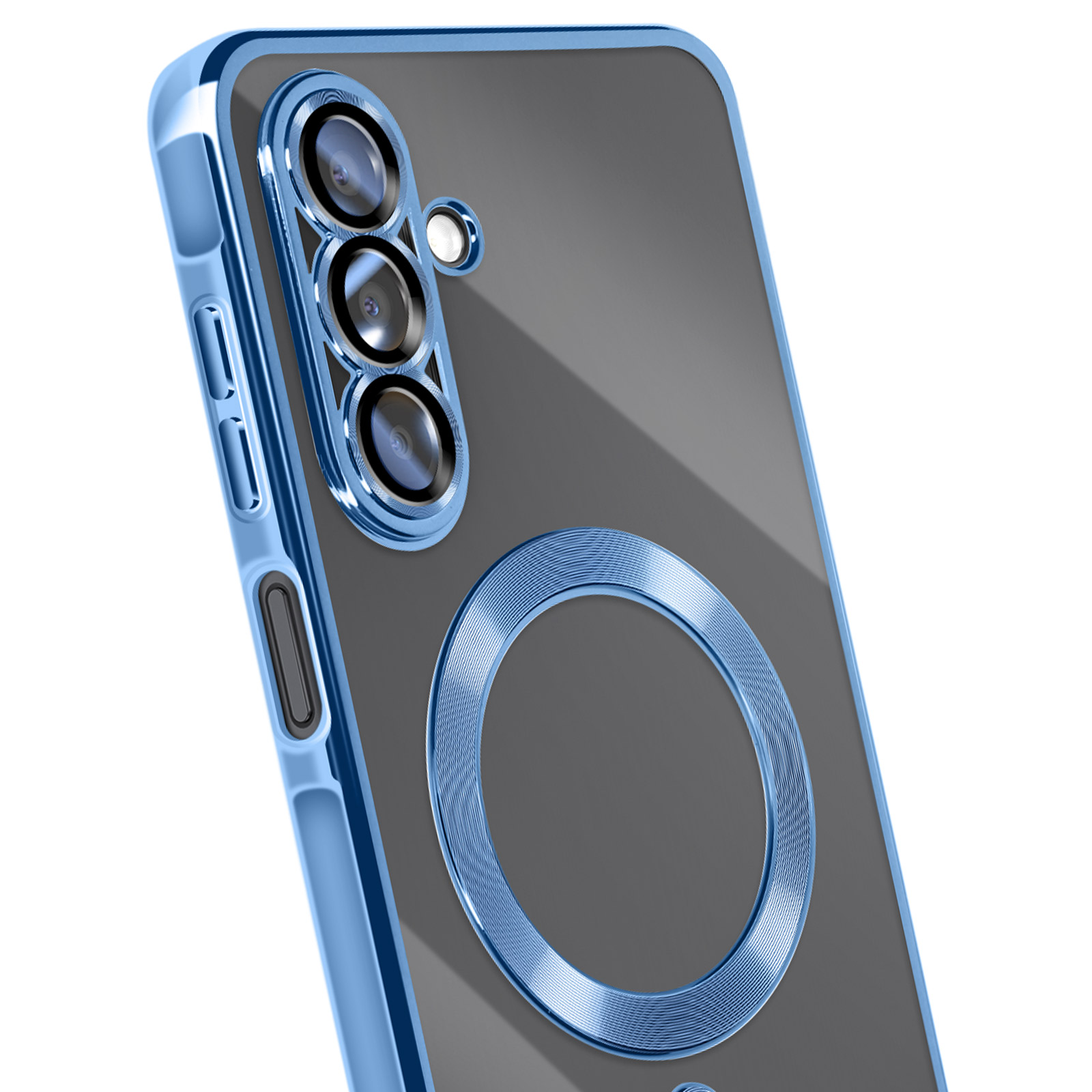 Een blauwe telefoonhoes met een doorzichtige achterkant. Drie cameralenzen en een blauwe ring zijn zichtbaar.