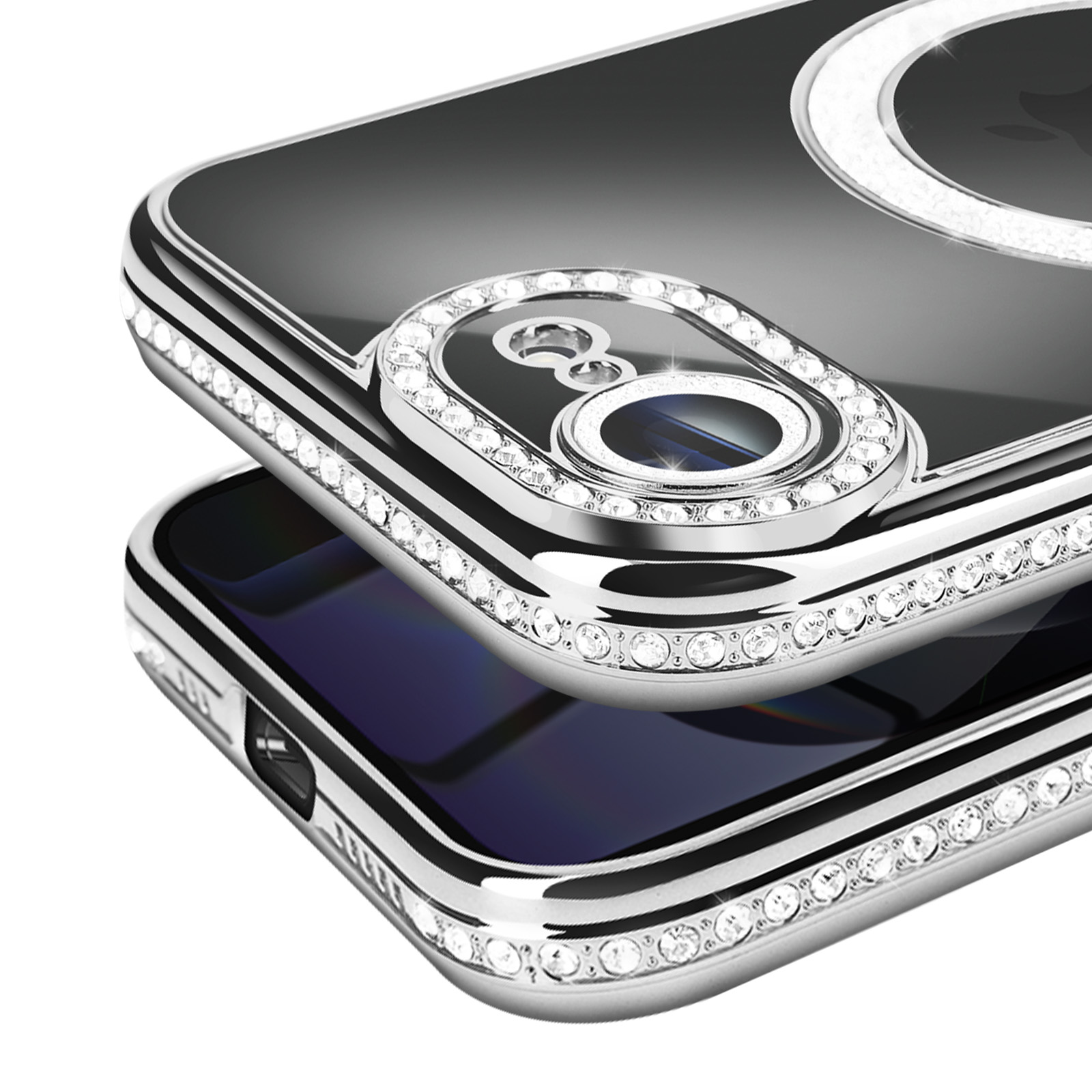 Close-up van een telefoonhoesje met diamanten. Zilveren frame, zwart oppervlak, diamant bezette cameraring.