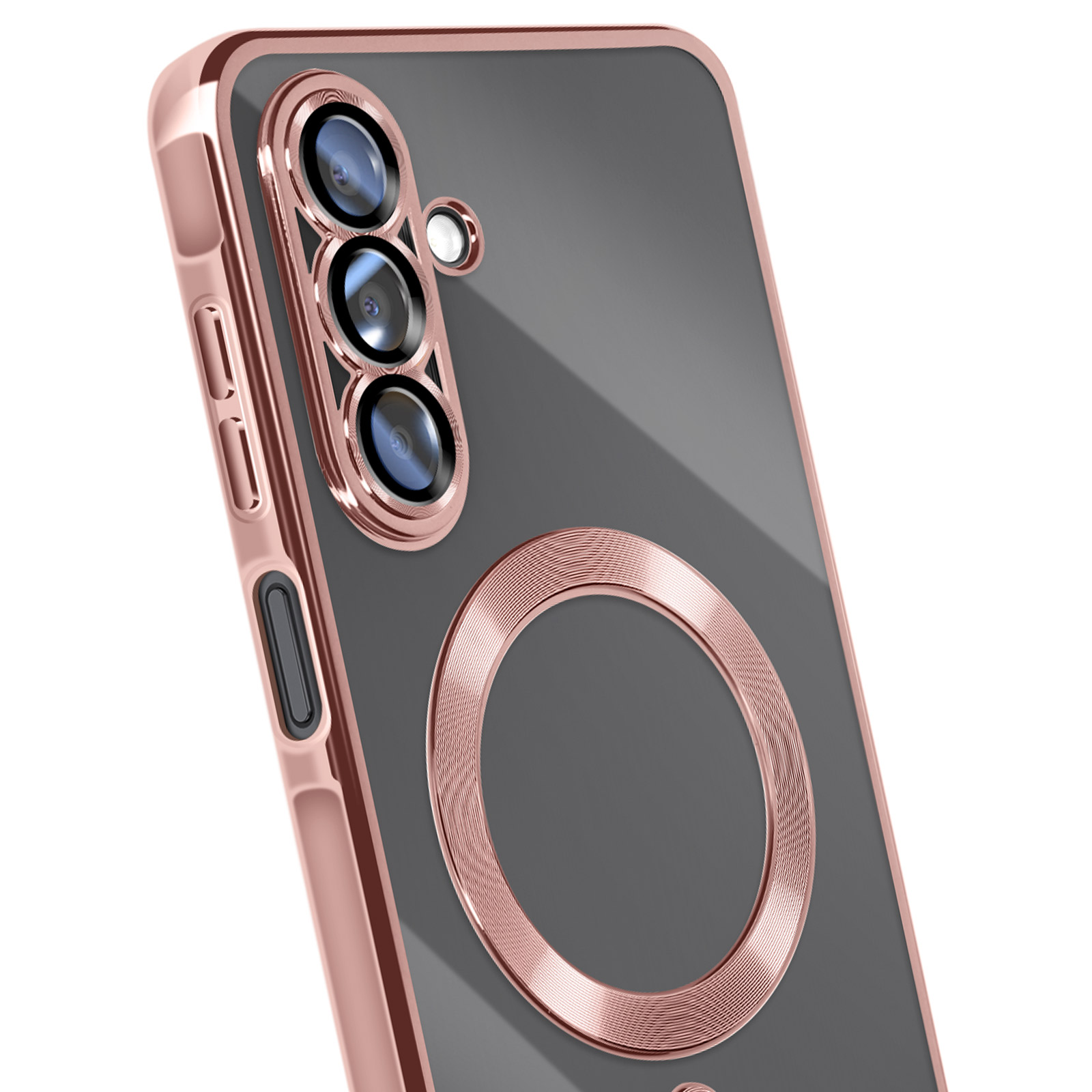 Roségouden telefoonhoesje met cameralenzen en een cirkelvormig ontwerp op grijze achtergrond.