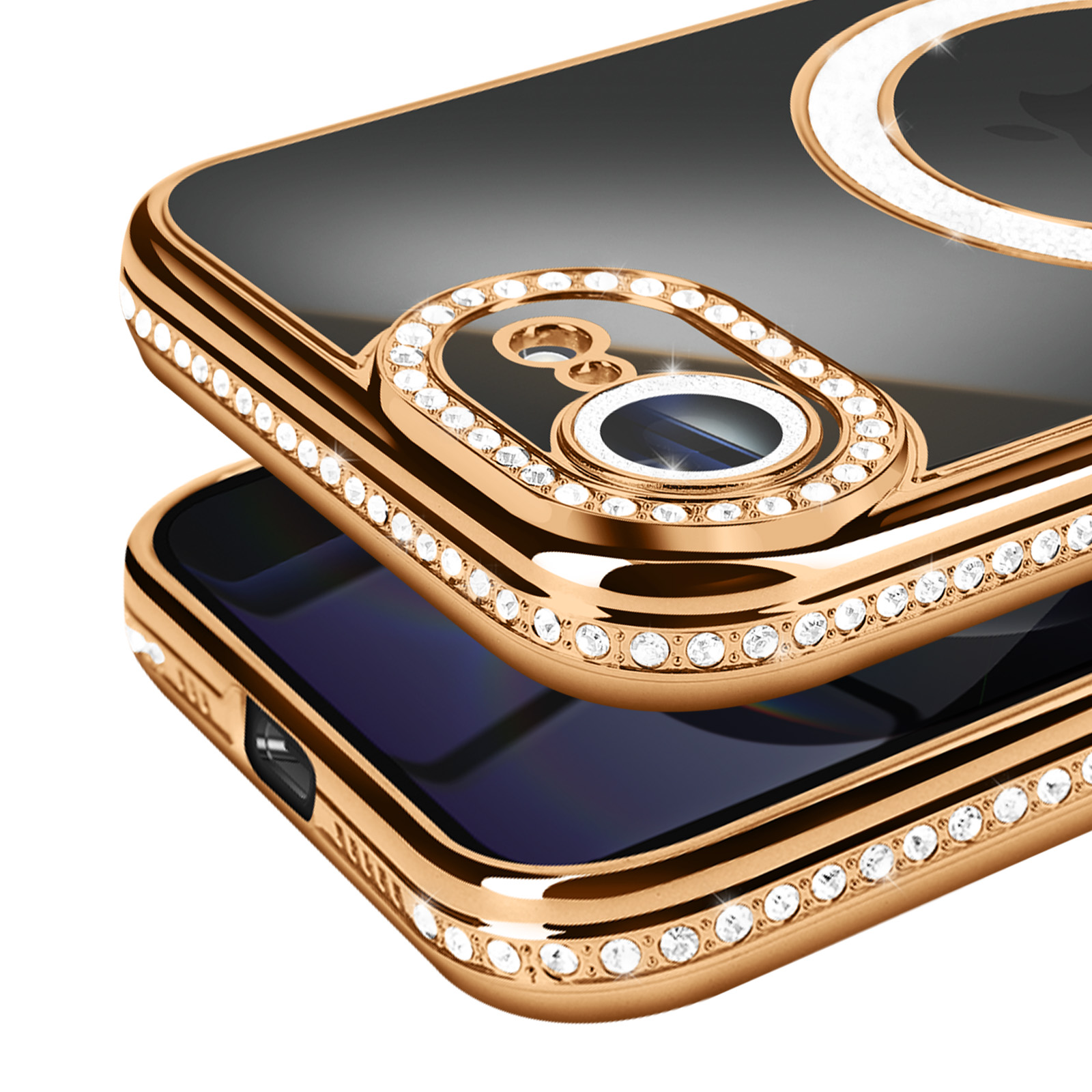 Close-up van een gouden telefoonhoesje met strass-steentjes. Het heeft een zwart oppervlak en een ring voor de camera.