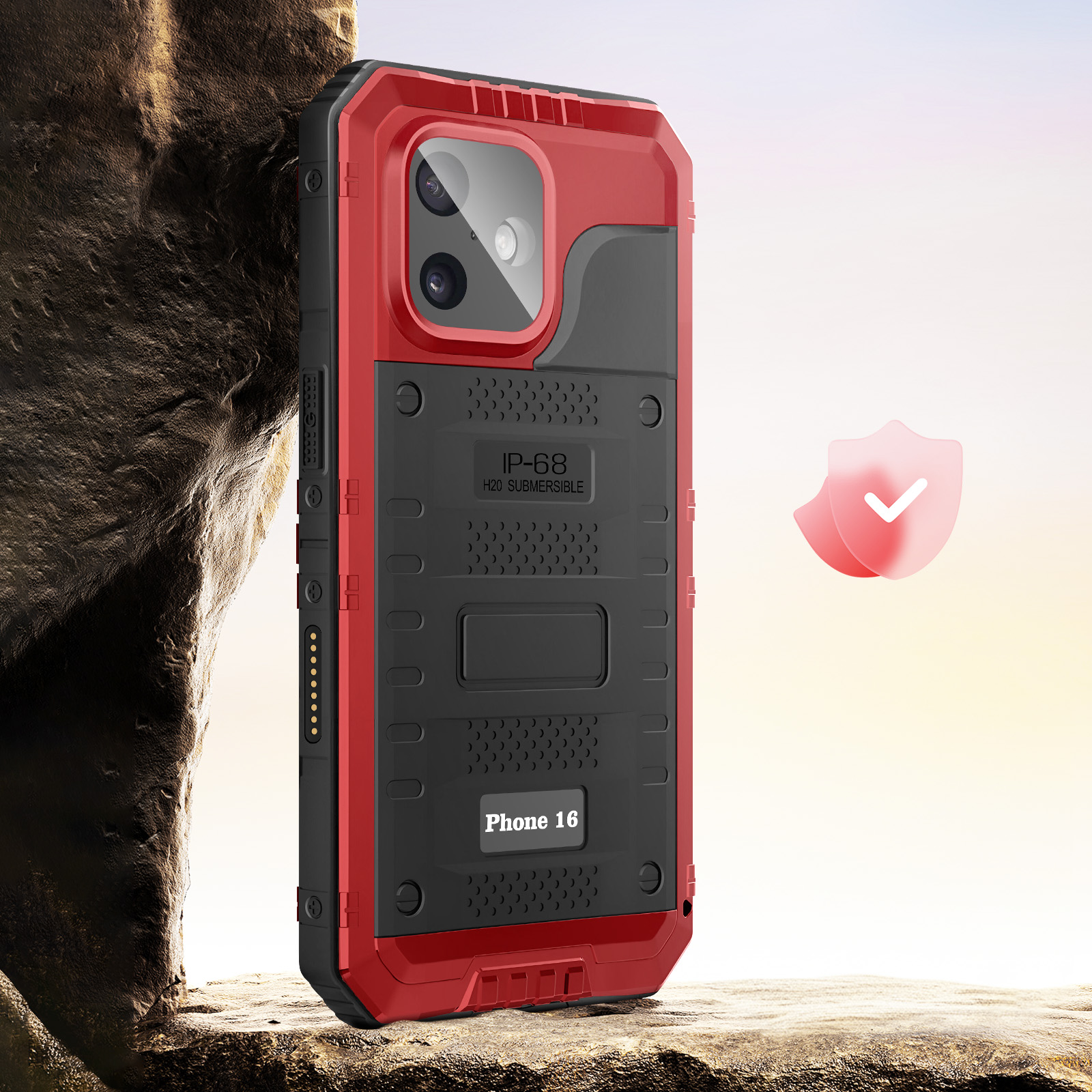 Un étui de téléphone rouge et noir est sur un rocher. L'étui indique 'IP-68' et 'Phone 16'. Une icône de bouclier est à droite.
