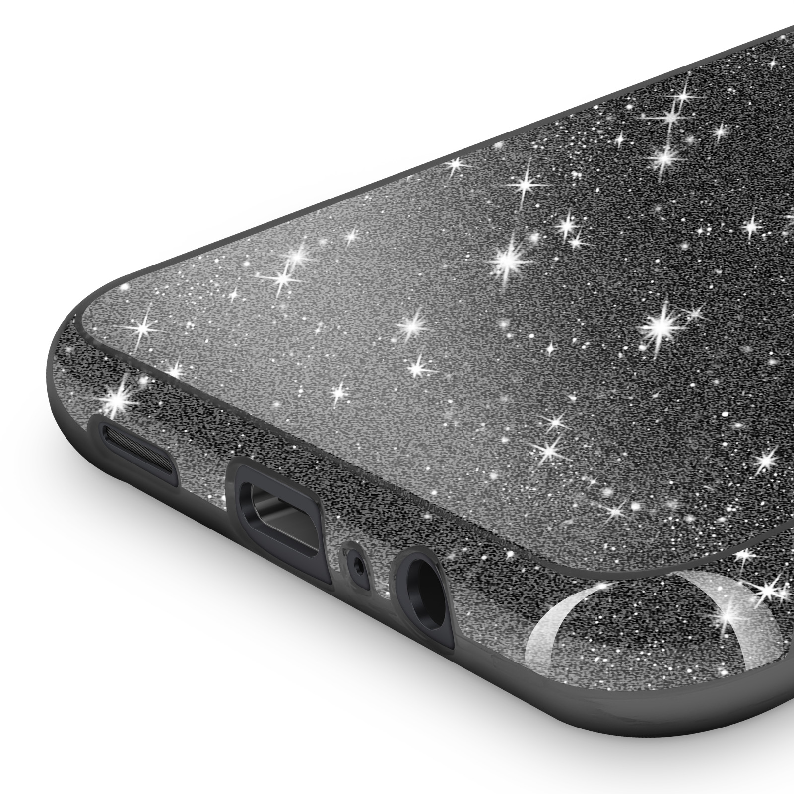 Een telefoonhoesje met een sterrenhemelontwerp. Zwart met witte sterren en glitters, en een gebogen rand.
