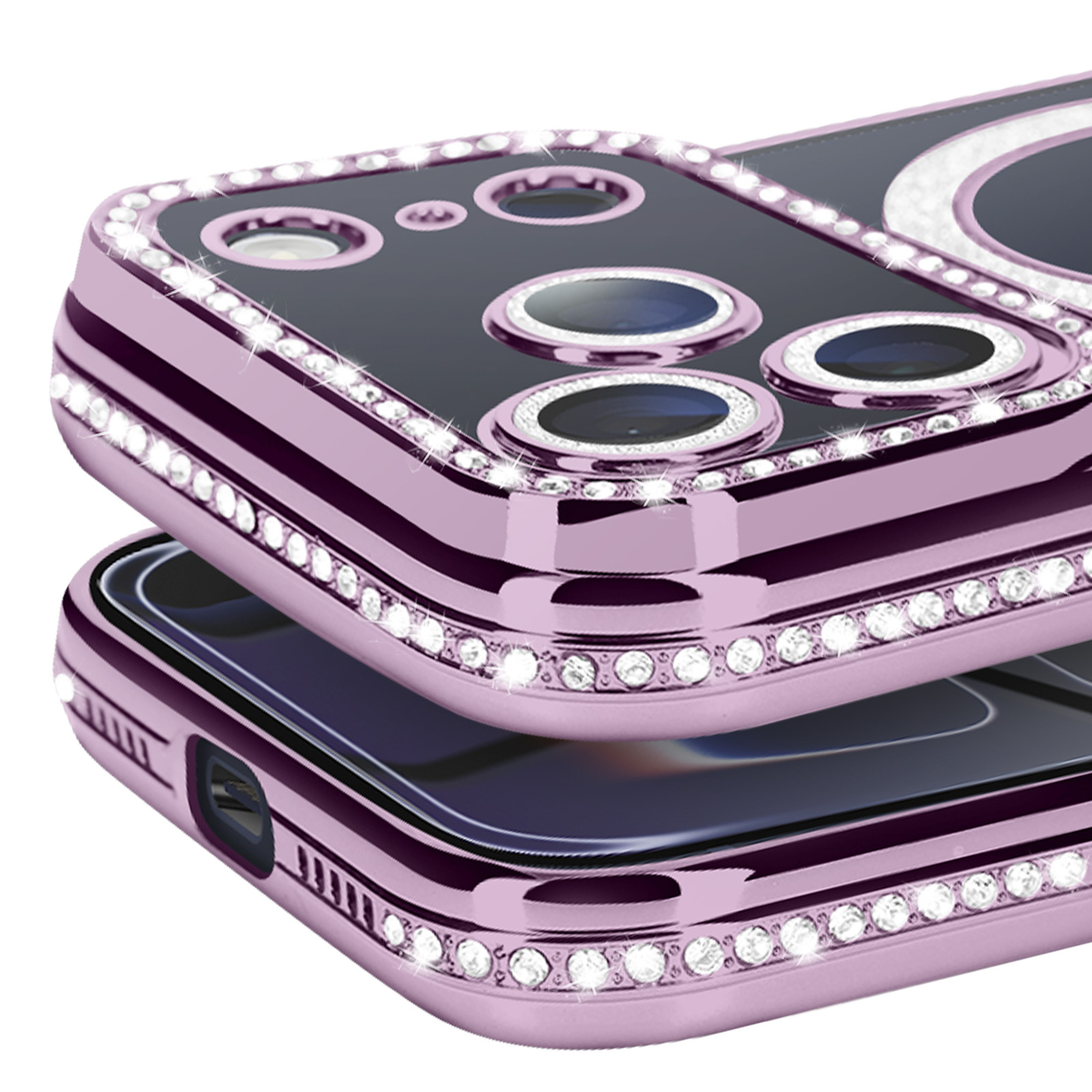 Gros plan de deux coques de téléphone, violettes avec des accents de diamants. L'une légèrement au-dessus de l'autre.