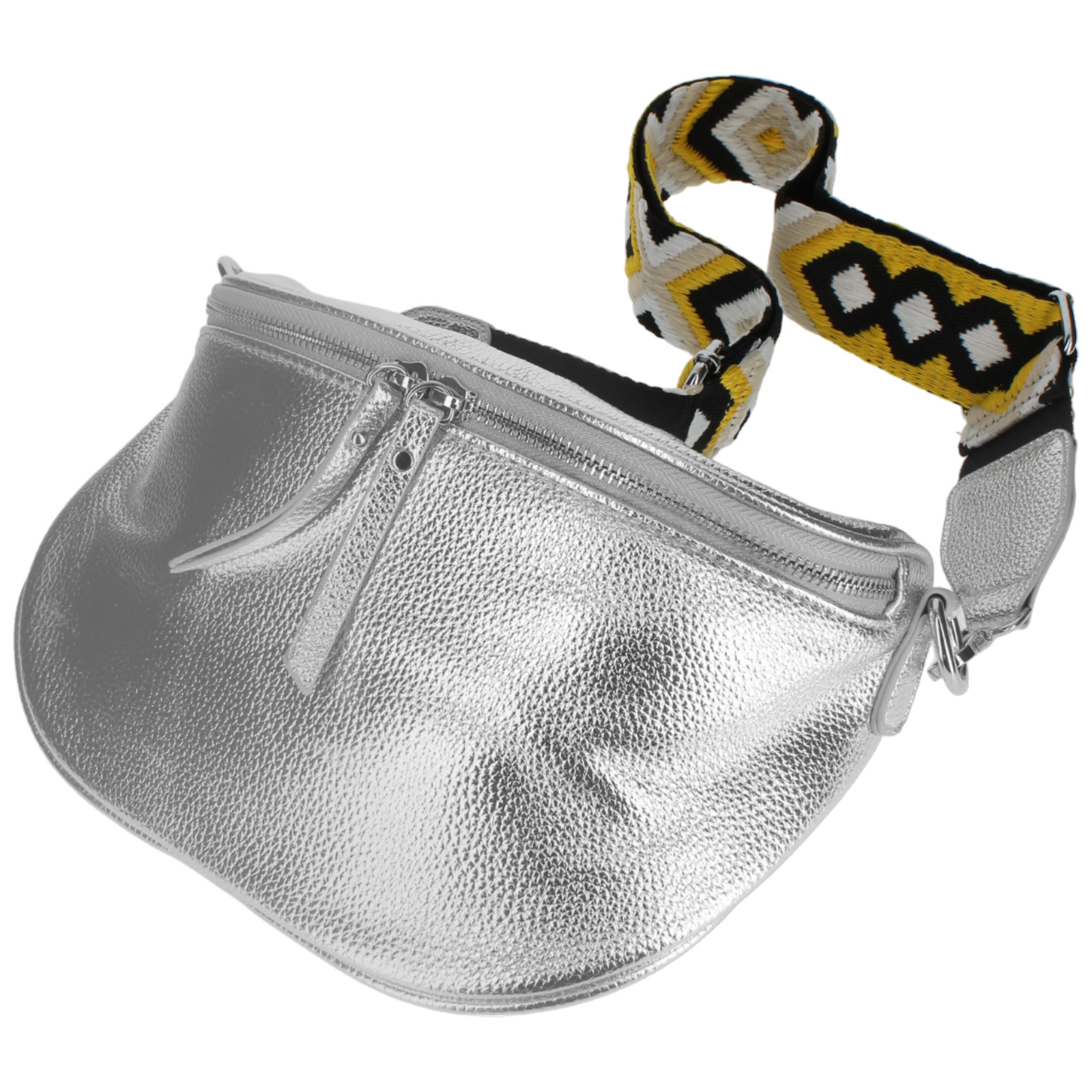 Bolso plateado con una correa estampada. La correa es amarilla, negra y blanca. El bolso tiene cremallera.