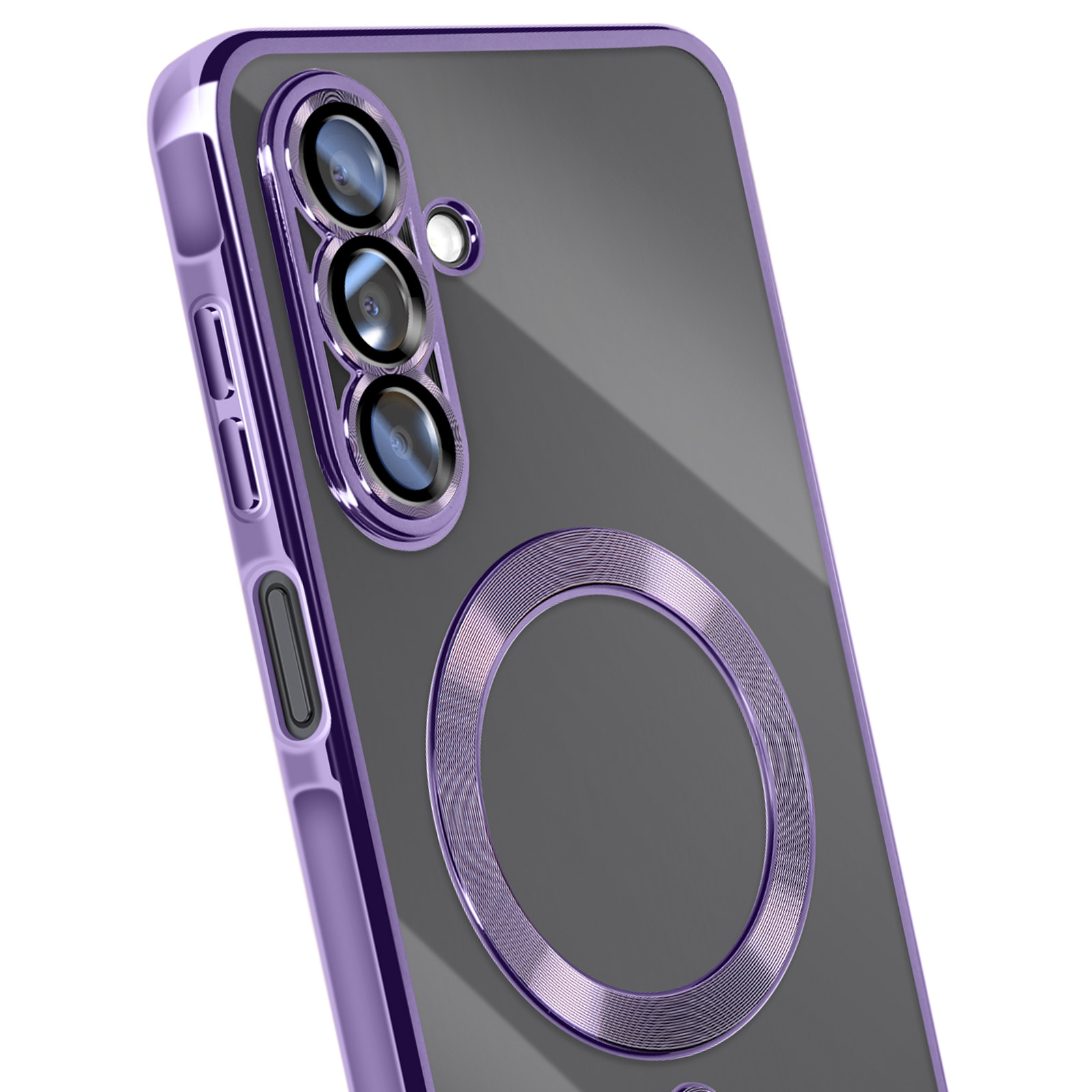 Een paarse telefoonhoes met een uitsparing voor de camera. Er zit een cirkelvormige magneetring op de achterkant.