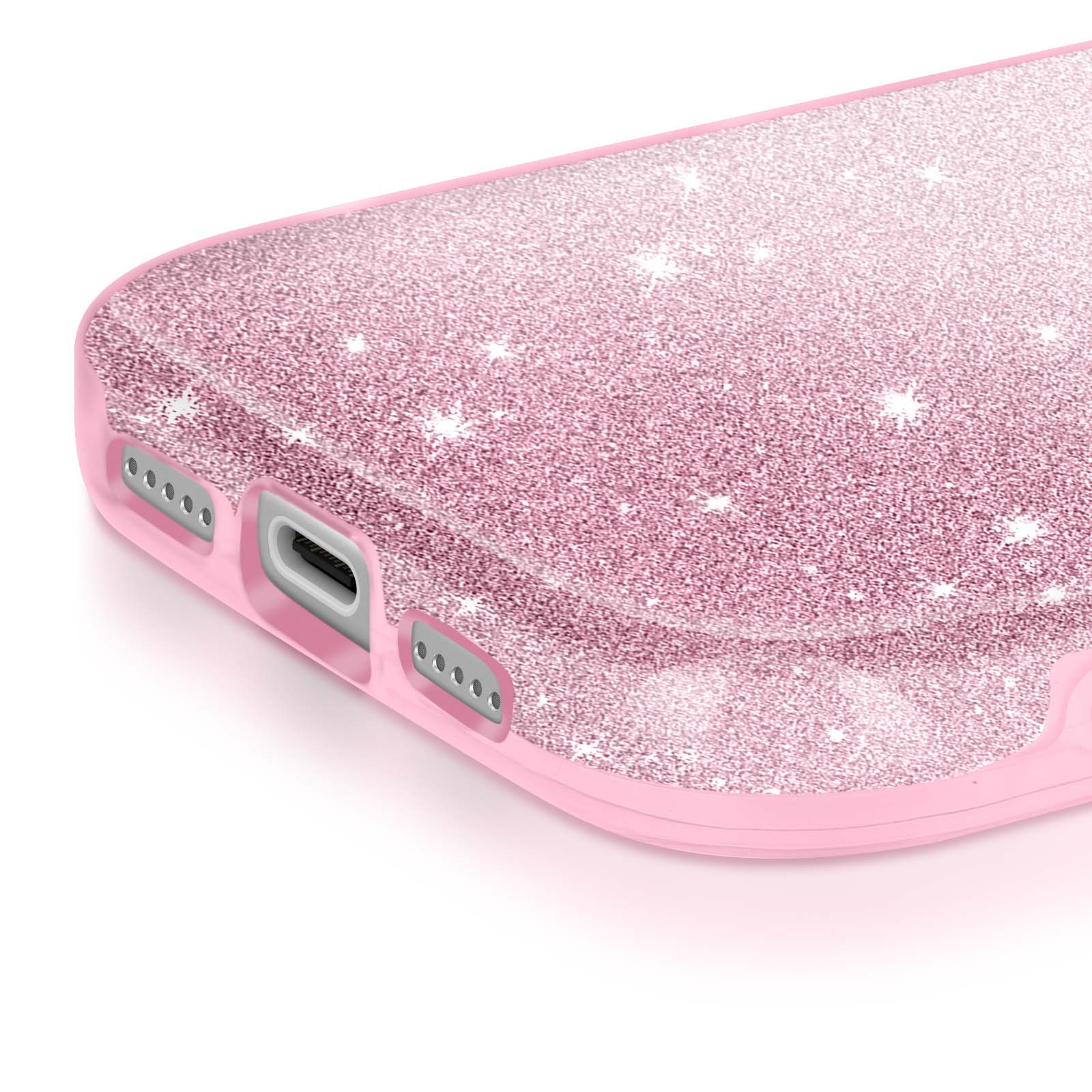 Close-up van een roze glitter telefoonhoesje met stervormige sparkles. De hoes heeft openingen voor poorten en knoppen.