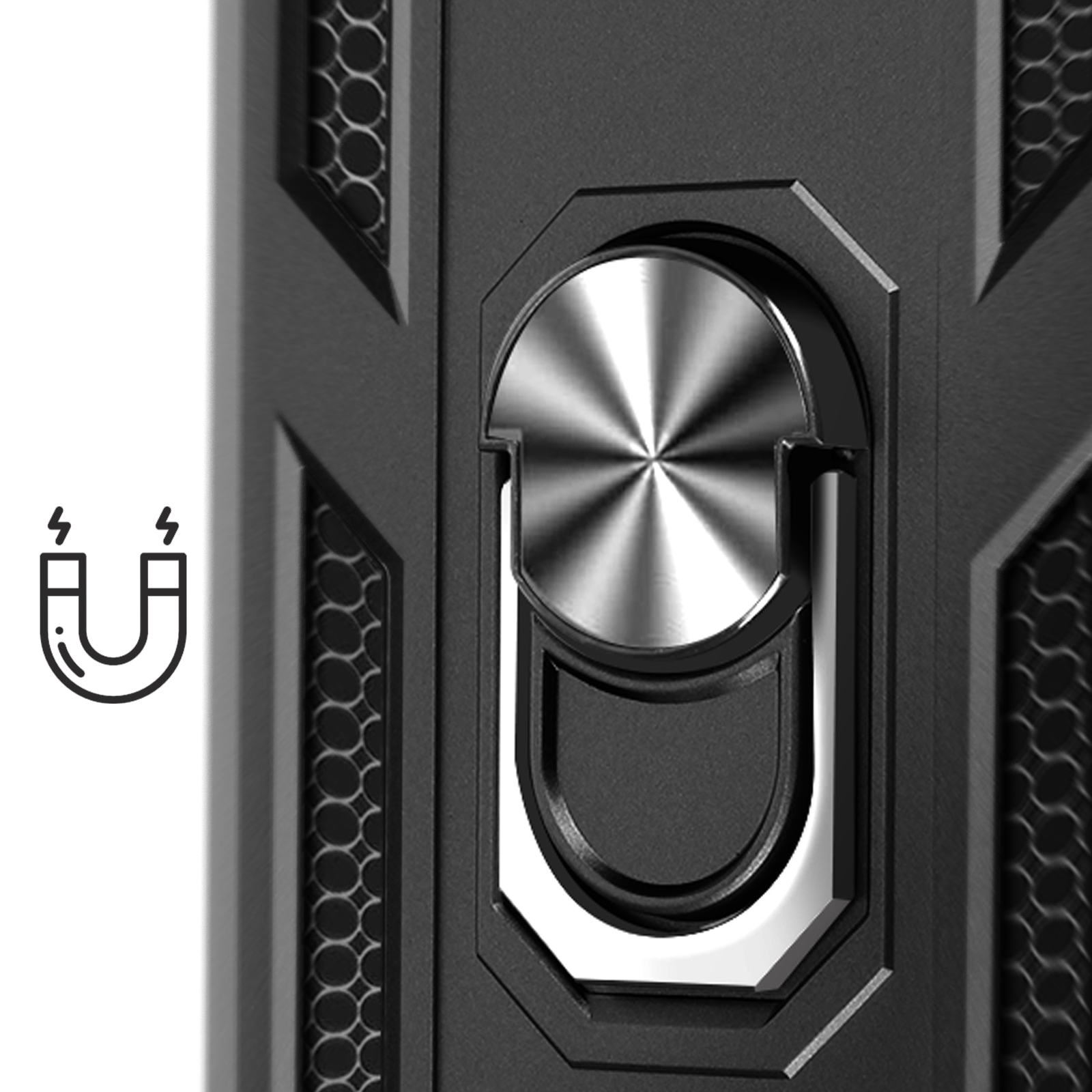 Close-up van een zwarte telefoonhoes met een zilveren ringhouder. Een magneeticoon staat links.
