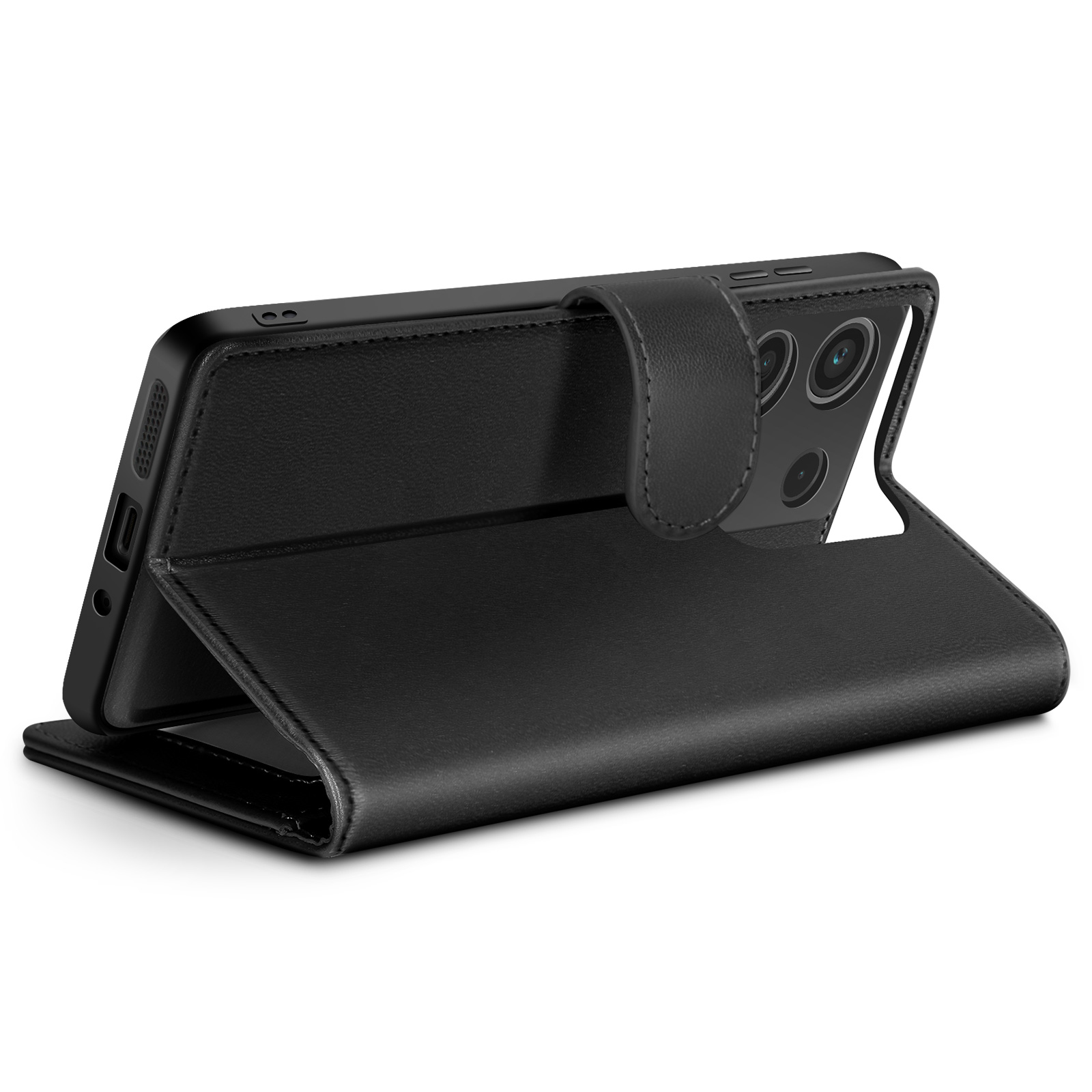 Custodia nera per telefono aperta, che mostra il telefono. La custodia è in pelle, con chiusura magnetica. Sfondo bianco.