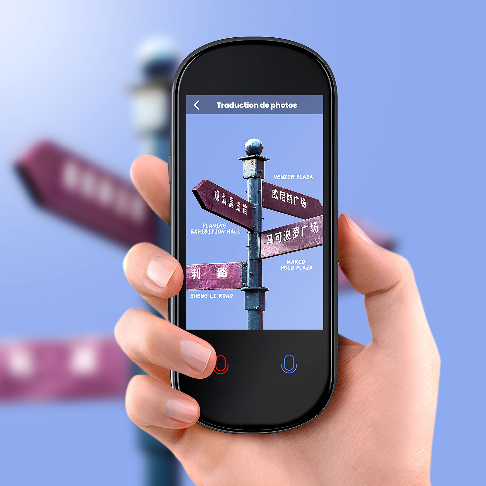 Eine Hand hält ein Telefon, das ein Wegweiser mit chinesischem und englischem Text anzeigt. Blauer Hintergrund.