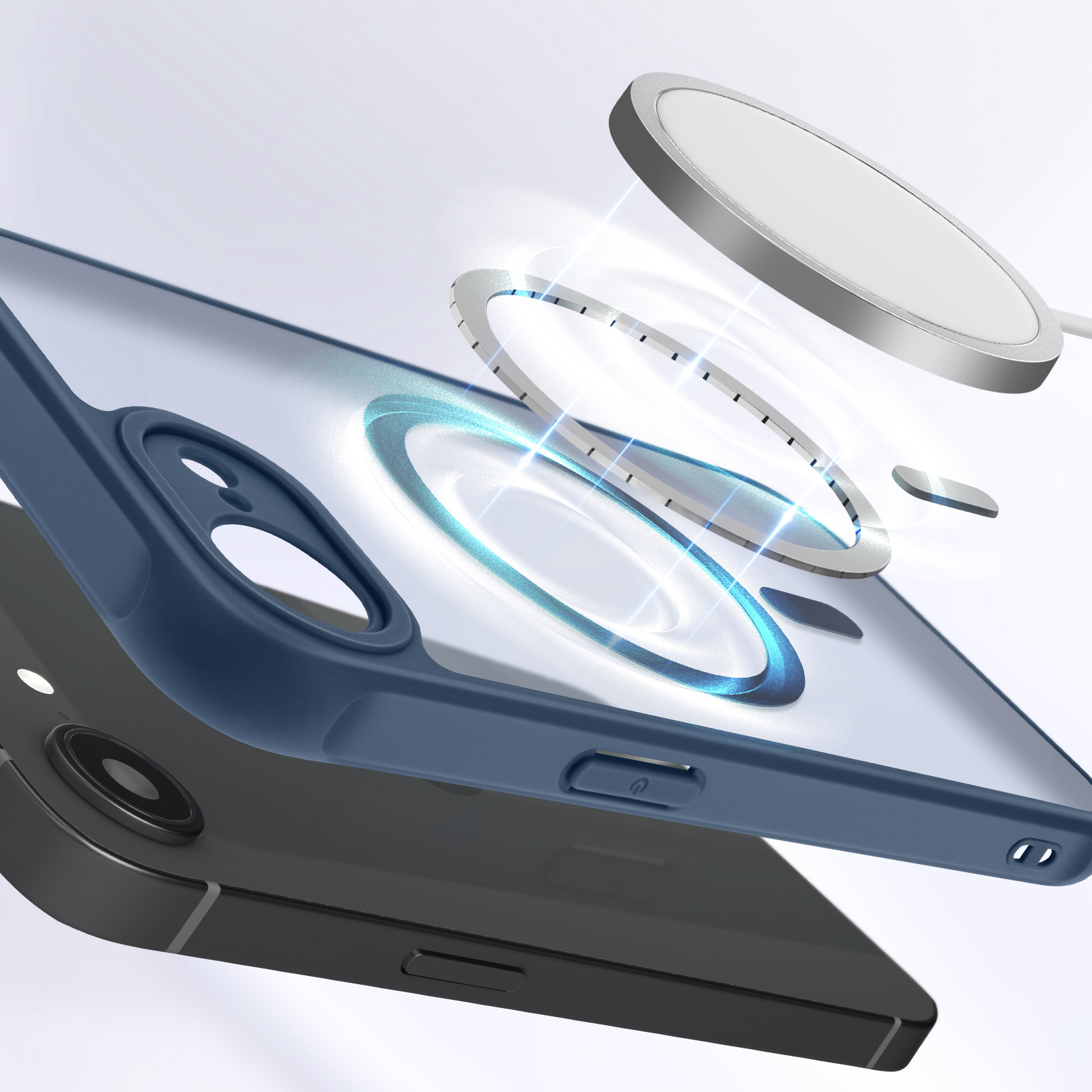 Une coque de téléphone et un chargeur magnétique sont séparés au-dessus d'un téléphone. La coque est bleue, le chargeur est argenté et blanc.