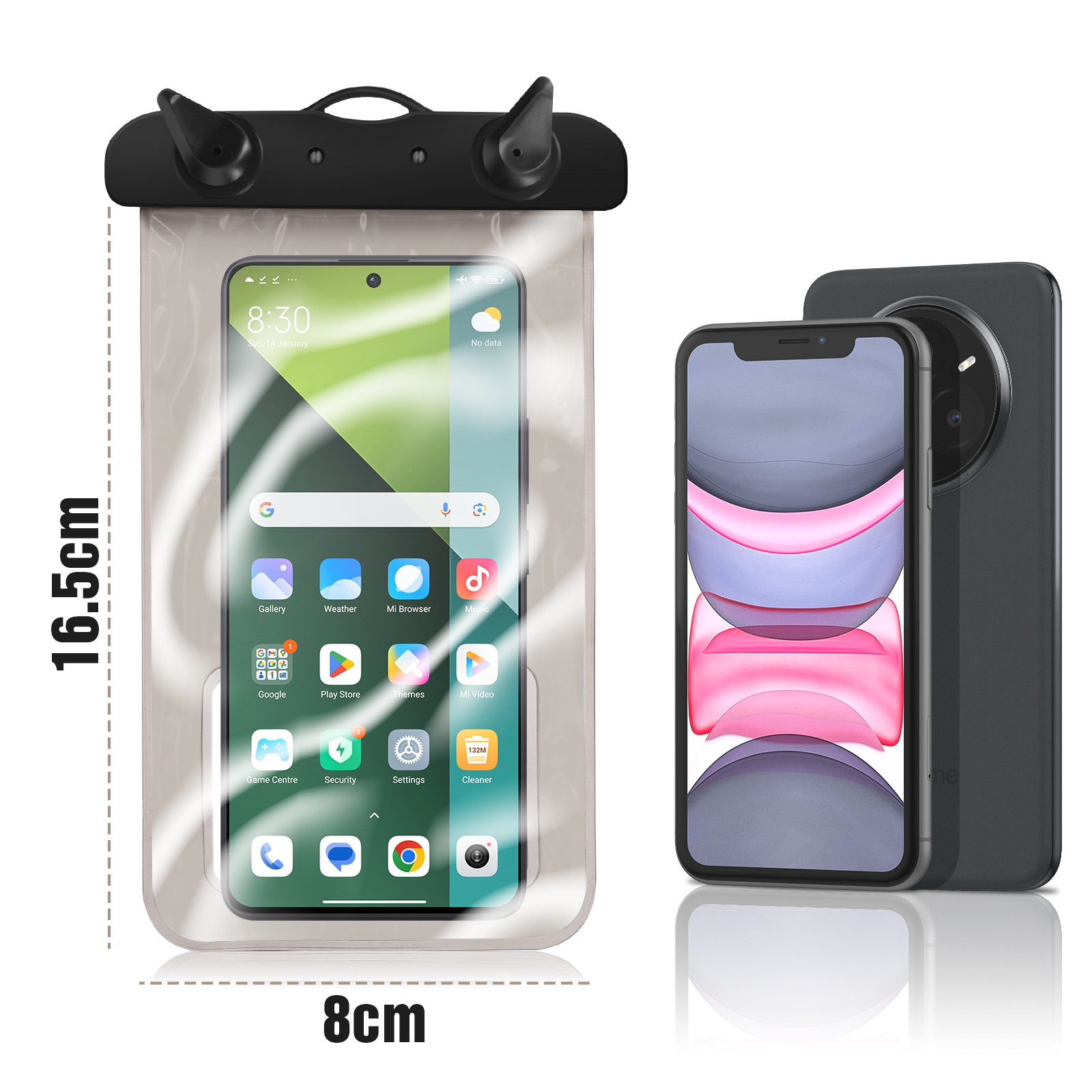 Un telefono in una custodia impermeabile accanto a uno smartphone. Misure: 16,5 cm x 8 cm. Lo sfondo è bianco.