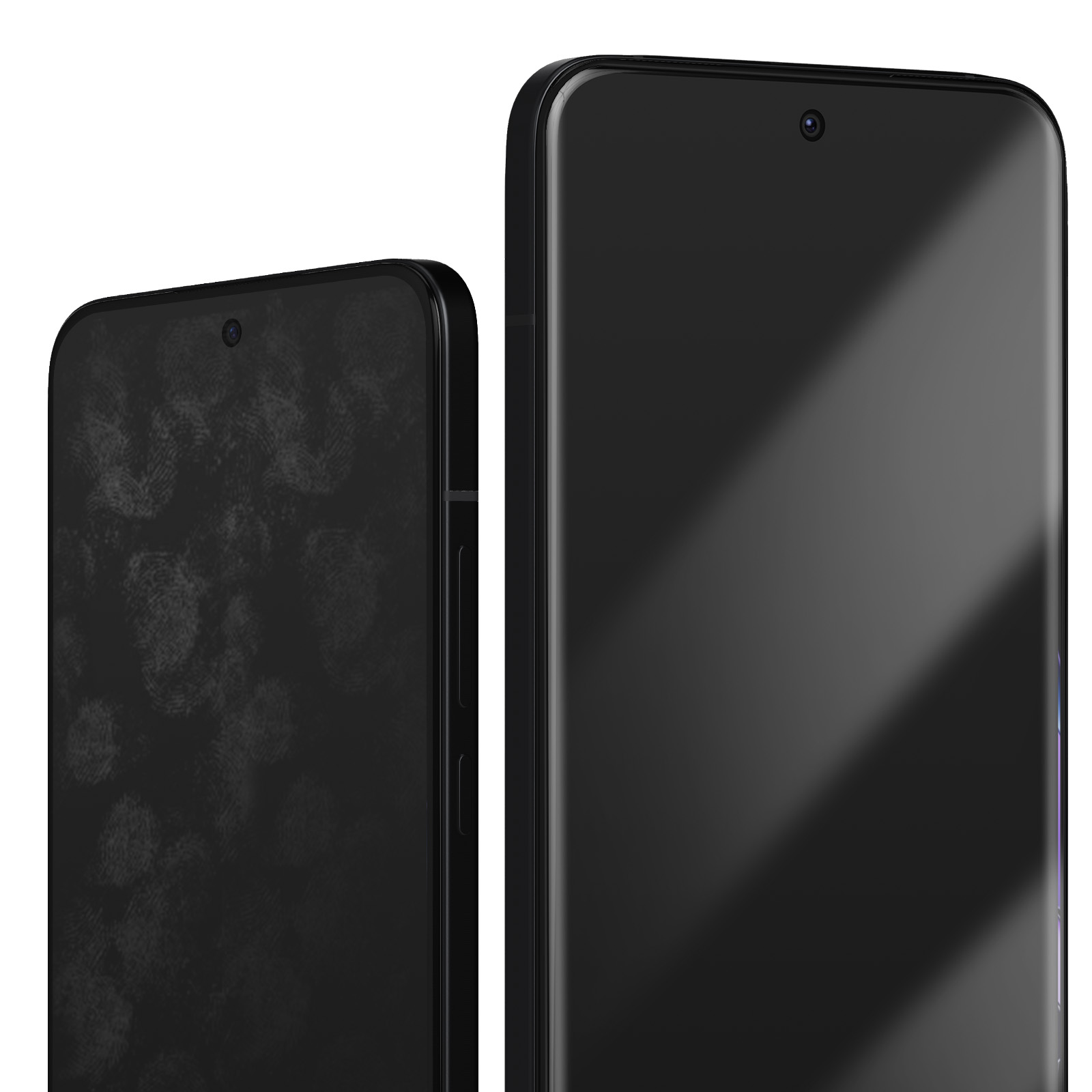 Due smartphone neri. Uno mostra impronte digitali, l'altro è pulito. Entrambi hanno fotocamere frontali.