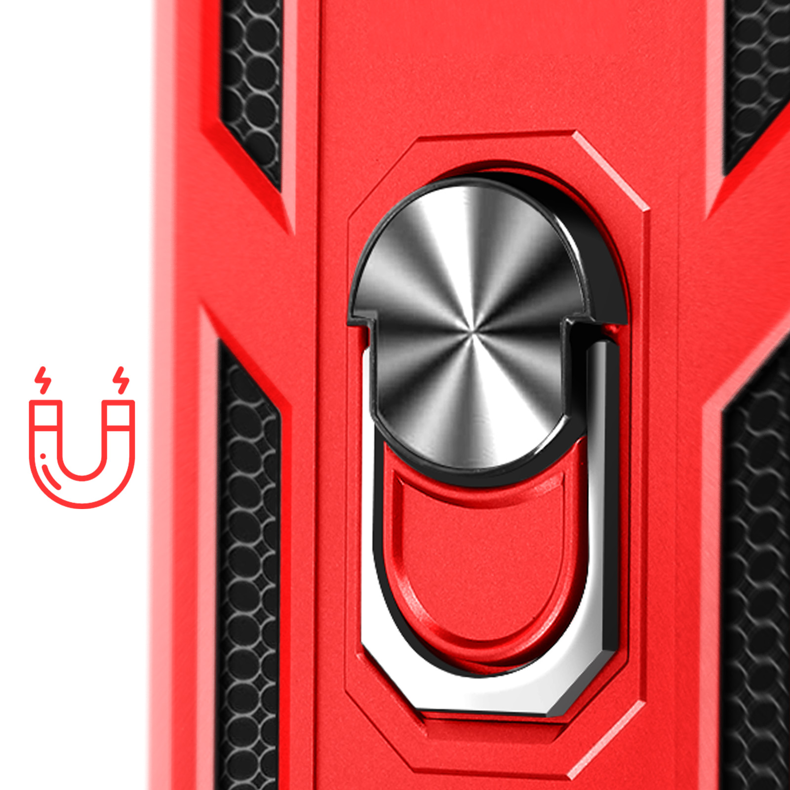 Coque de téléphone rouge avec anneau argenté. Icône d'aimant rouge à gauche.