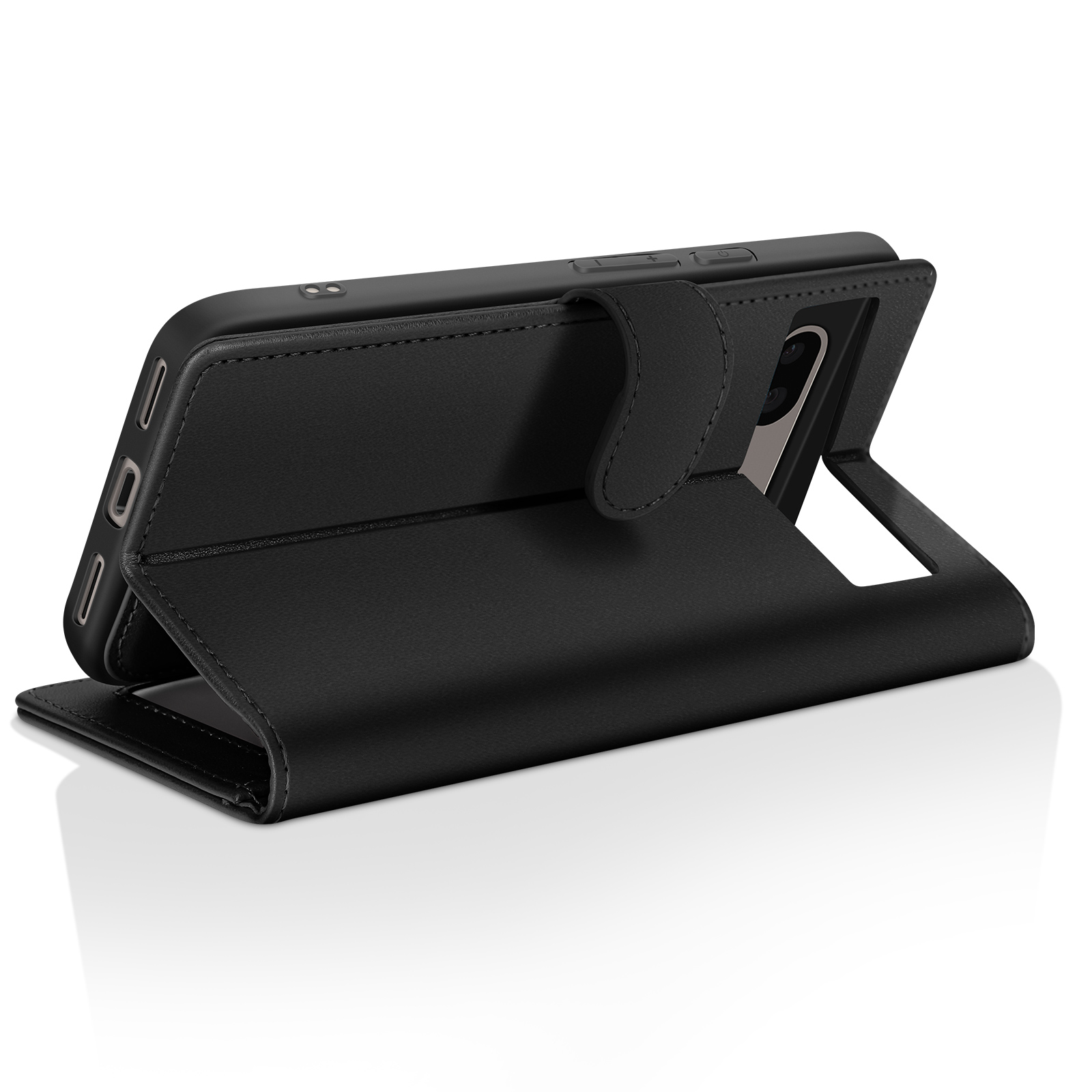Custodia nera per telefono, aperta per mostrare un telefono, con supporto. È su una superficie bianca con un leggero riflesso.