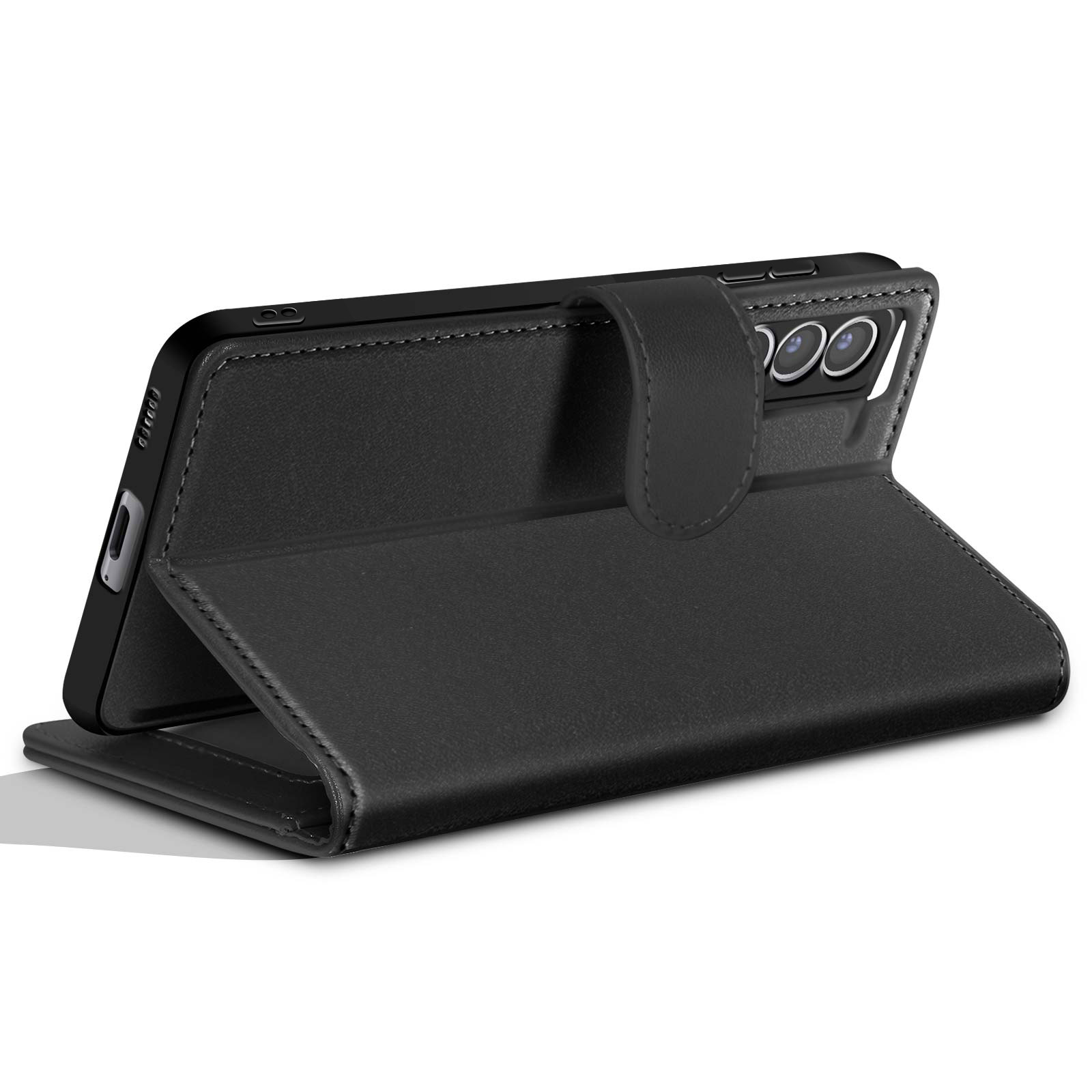 Custodia per telefono in pelle nera, aperta per rivelare il telefono. La custodia ha una chiusura magnetica.