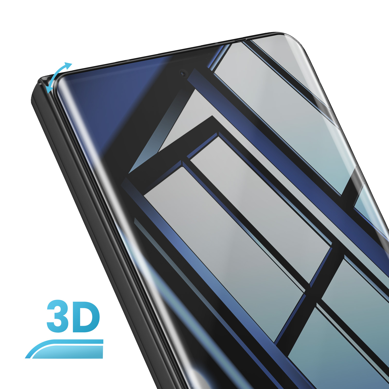 Un proteggi schermo con etichetta 3D. Il riflesso mostra un motivo geometrico con colori blu e bianco.