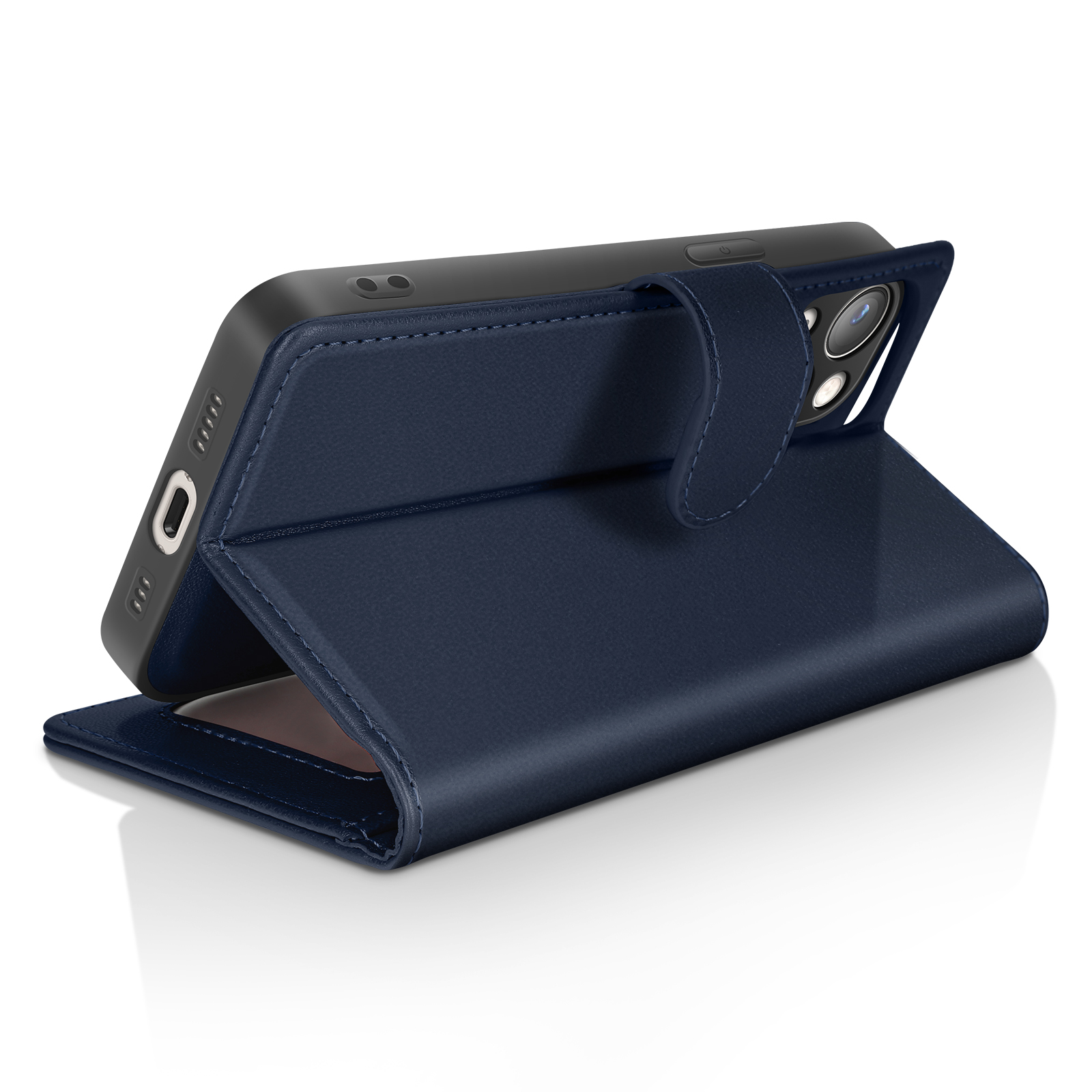 Una custodia blu navy è aperta, mostrando il telefono. Uno sfondo bianco riflette la custodia.