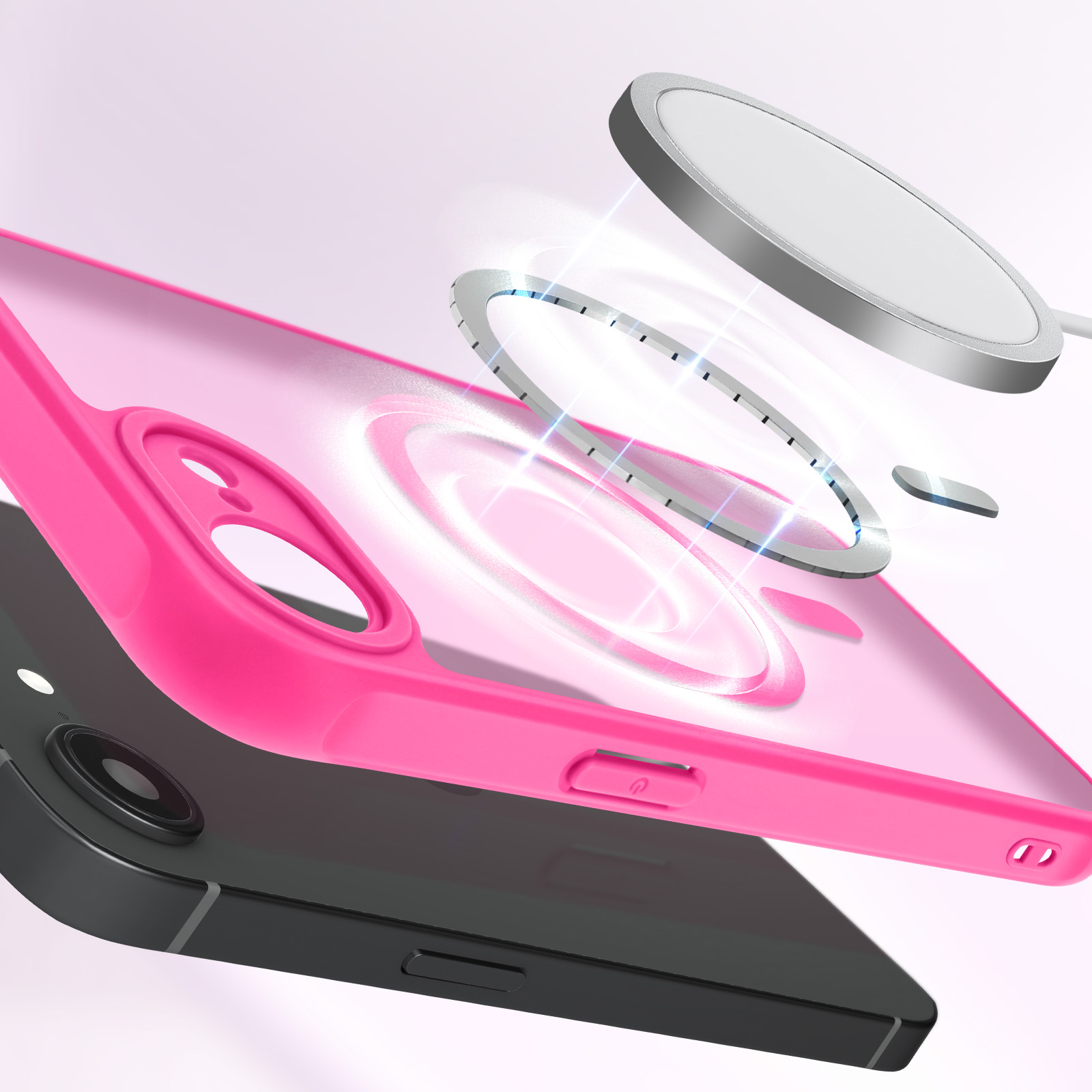 Coque de téléphone rose avec un téléphone noir en dessous et un chargeur sans fil au-dessus. Le chargeur et la coque ont un anneau magnétique.
