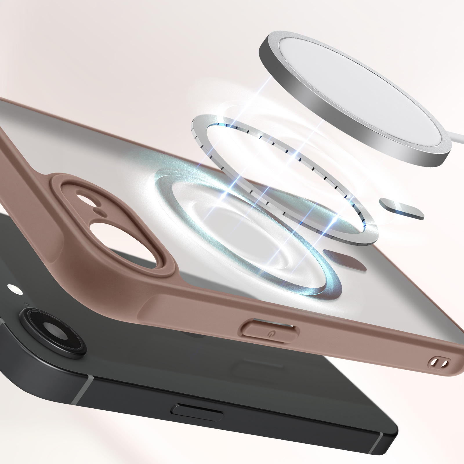 Een ontplofte weergave van een telefoon met een hoesje en een draadloze oplader. De oplader zweeft boven de telefoon.