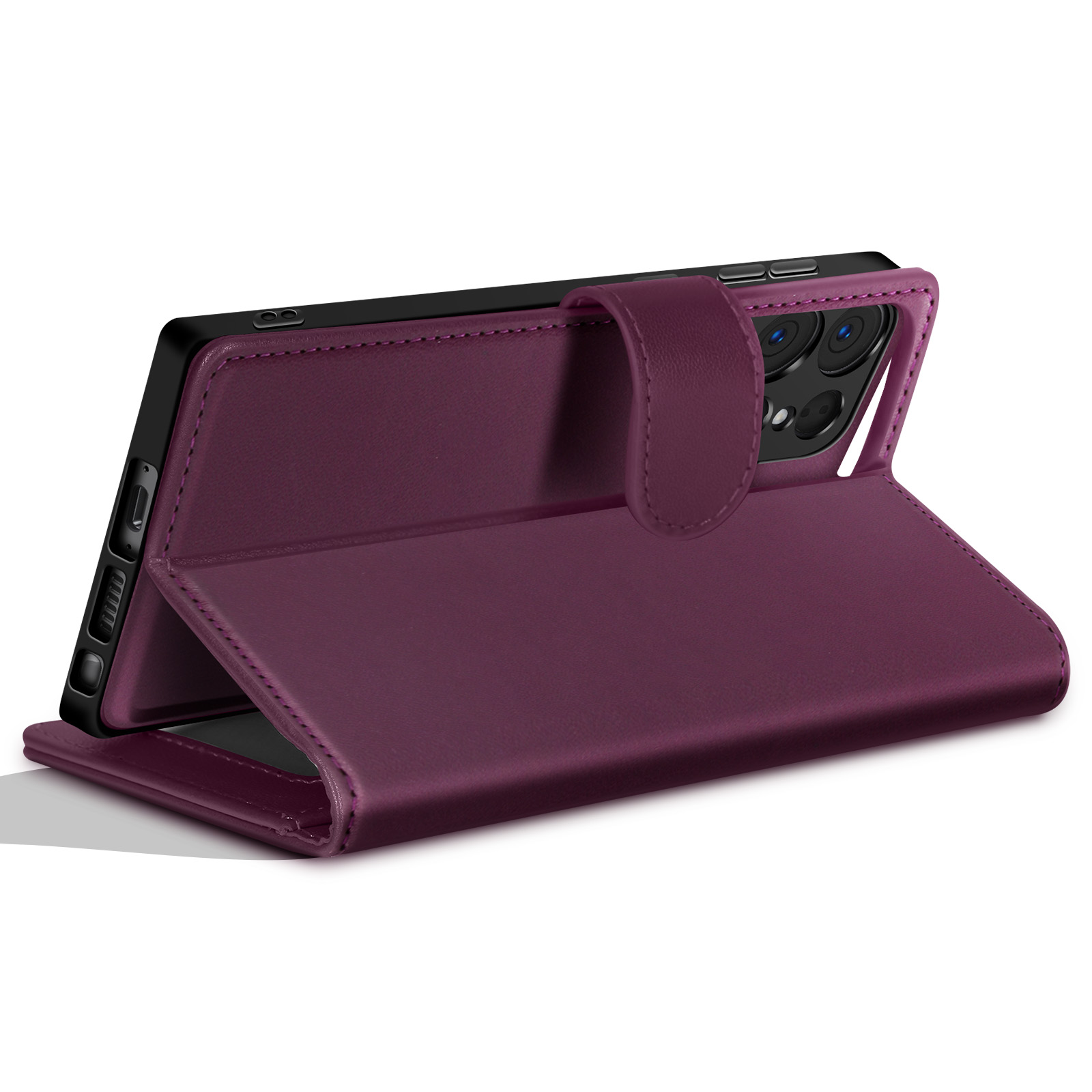 Una custodia per telefono color prugna è aperta, rivelando un telefono nero. La custodia è in pelle, con chiusura magnetica.
