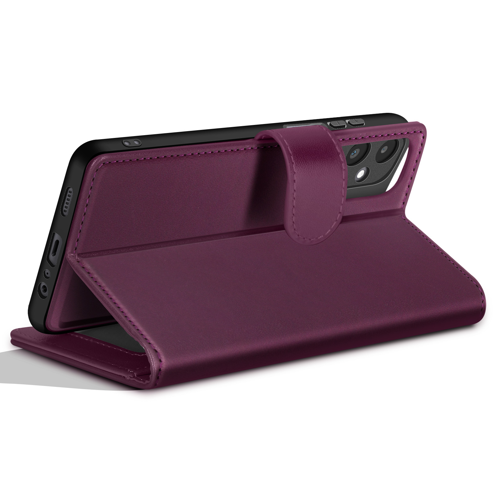 Una custodia per telefono viola, aperta, che mostra un telefono nero. La custodia è in similpelle e ha un cinturino magnetico.