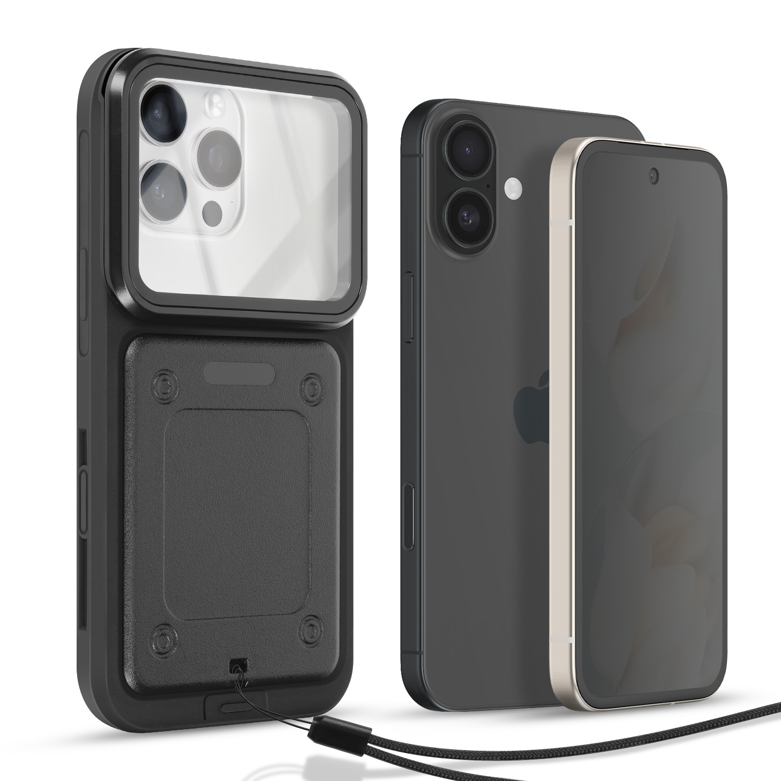 Tre smartphone: uno nero in una custodia, altri due in nero e oro. Un cordino è attaccato alla custodia.