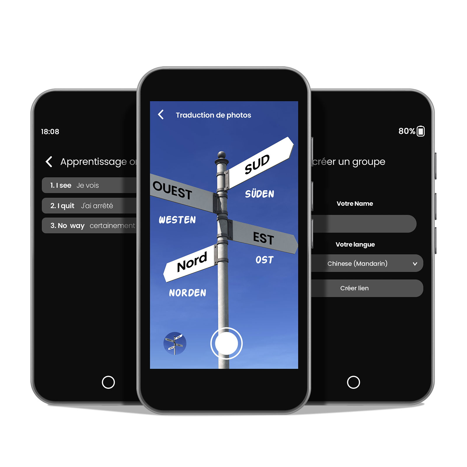 Drei Smartphones: Eines zeigt einen Wegweiser, ein anderes eine Sprach-App, das dritte einen Gruppen-Erstellungsbildschirm.