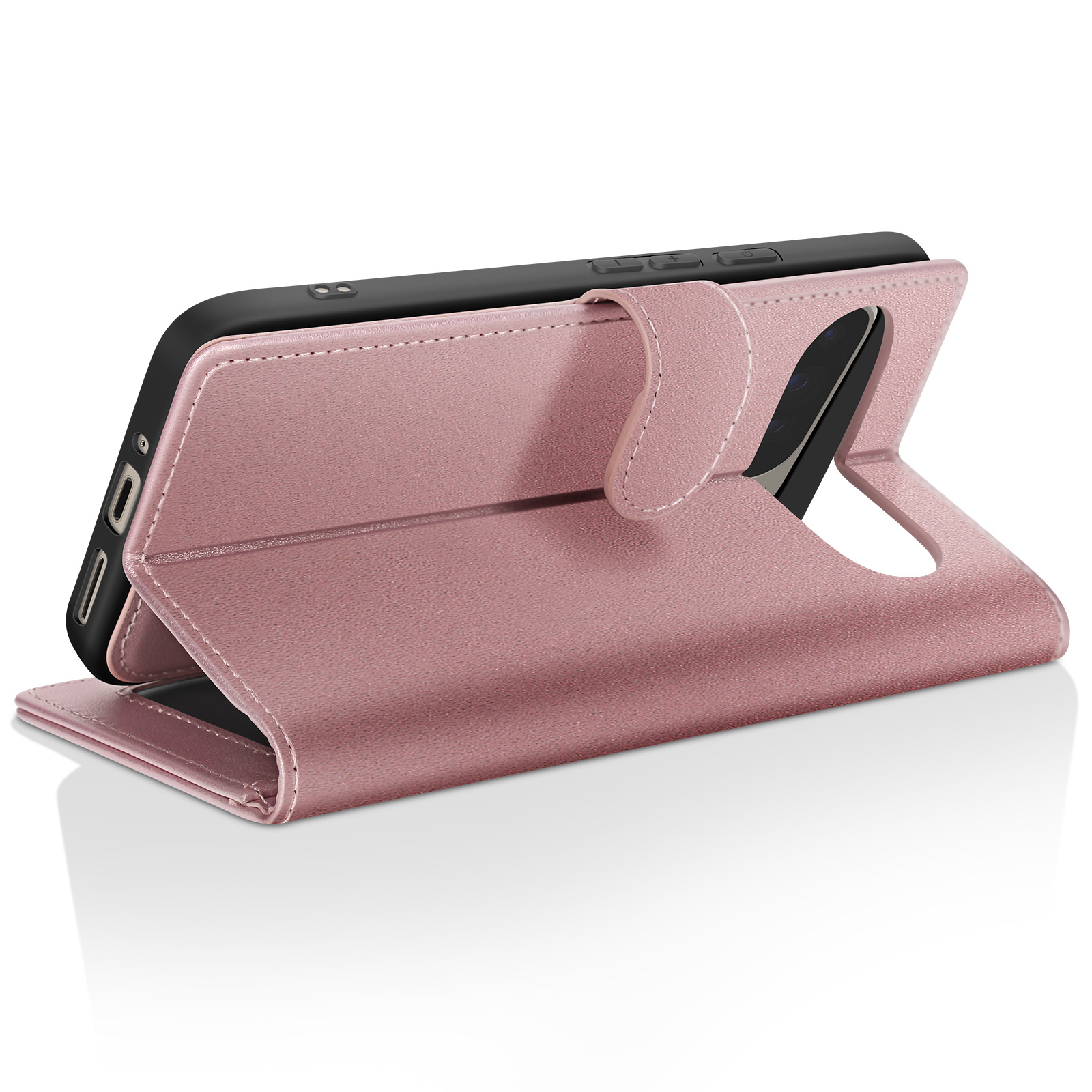 Una custodia rosa per telefono è aperta e tiene un telefono nero. La custodia è in similpelle con cuciture bianche e chiusura magnetica.