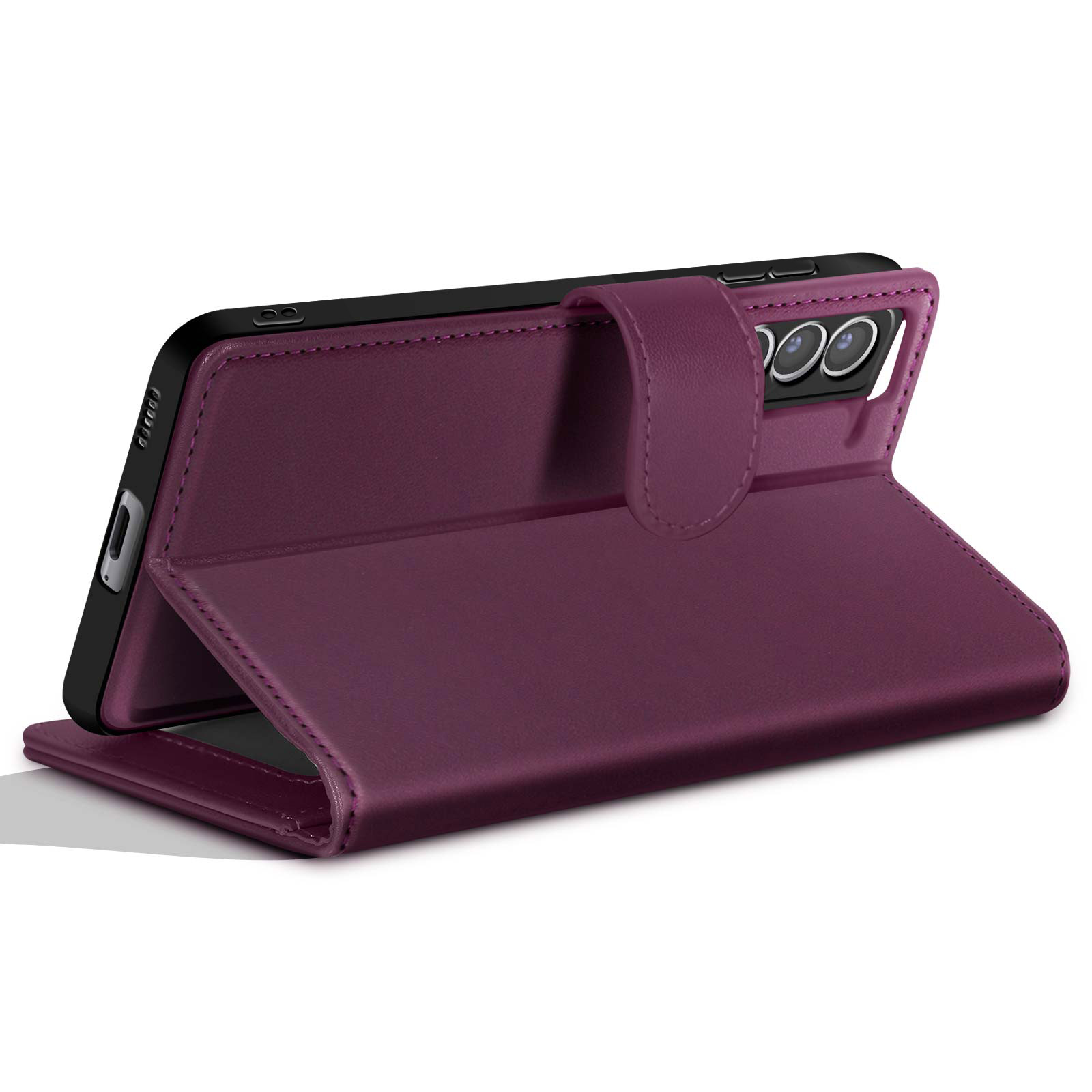 Una custodia per telefono viola è aperta, mostrando la fotocamera del telefono. La custodia è in pelle, con chiusura magnetica.