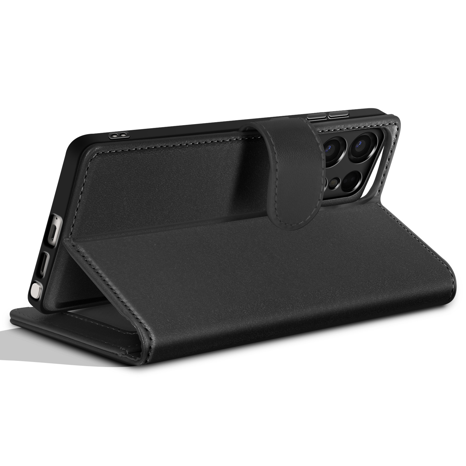 Custodia per telefono nera, aperta. Presenta una texture simile alla pelle, cuciture e una chiusura magnetica. La fotocamera del telefono è visibile.