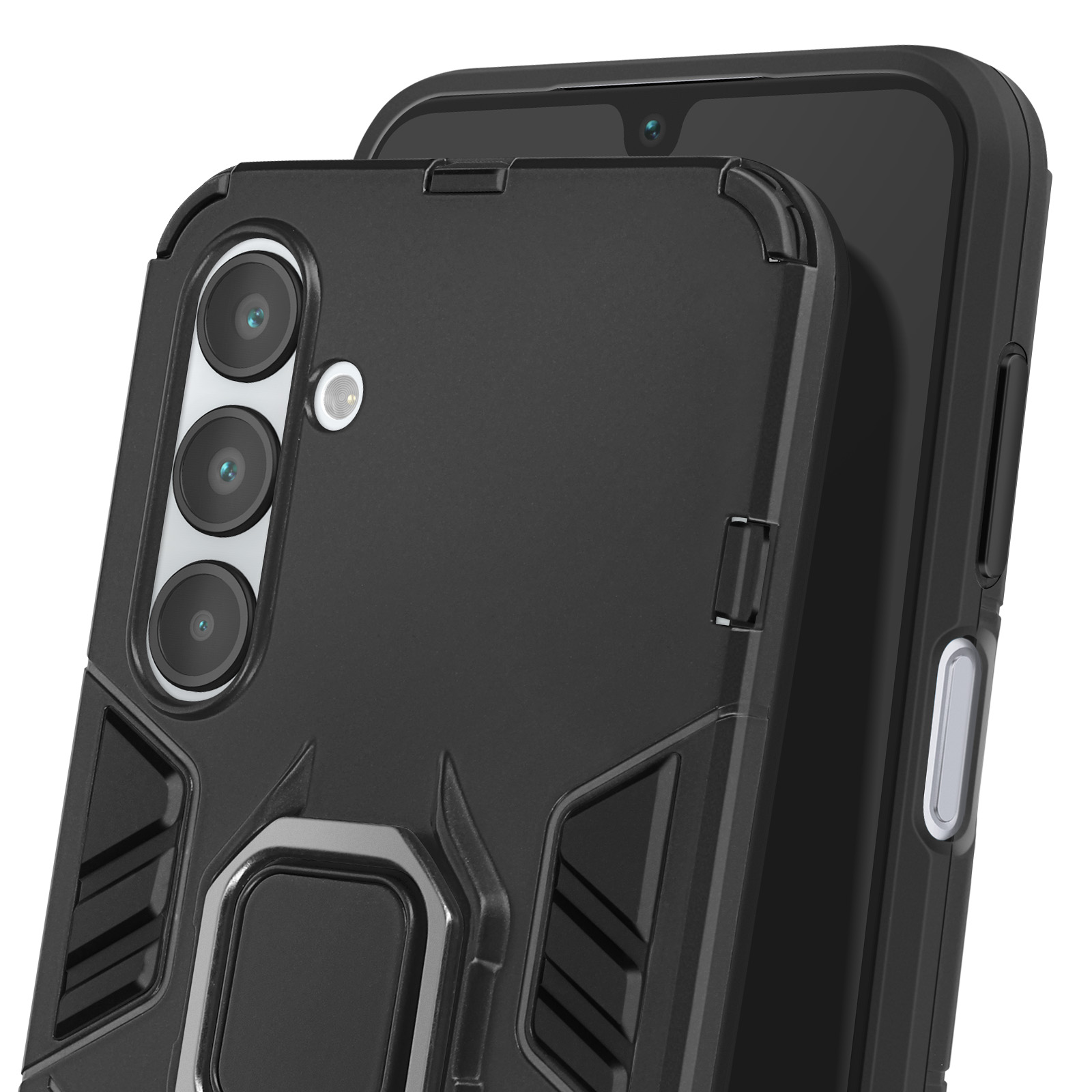 Custodia nera per telefono con ritagli per fotocamera, tre lenti e un supporto ad anello argentato. Il telefono è nero.