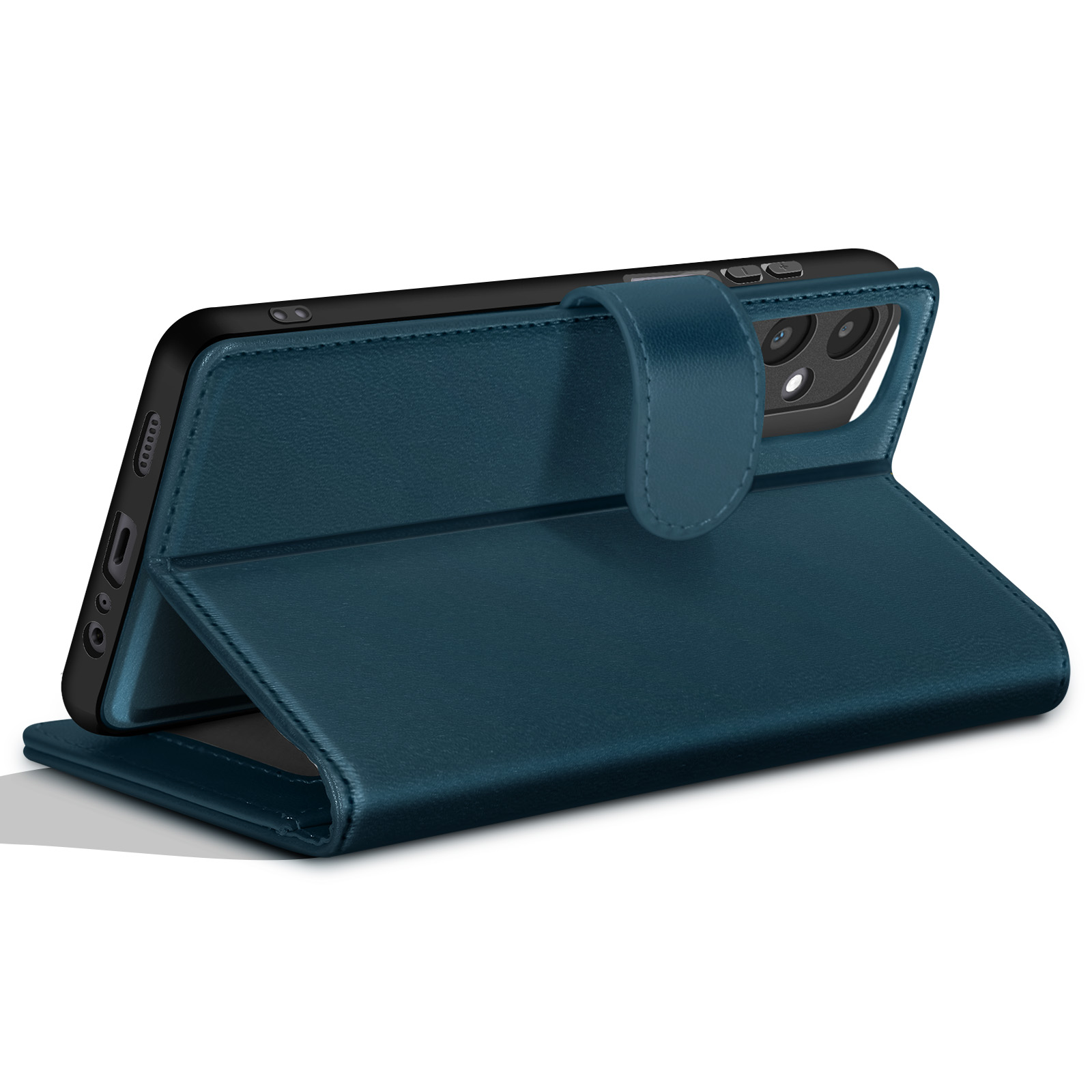 Una custodia per telefono verde acqua, aperta, che supporta uno smartphone nero. La custodia è simile alla pelle, con chiusura magnetica.