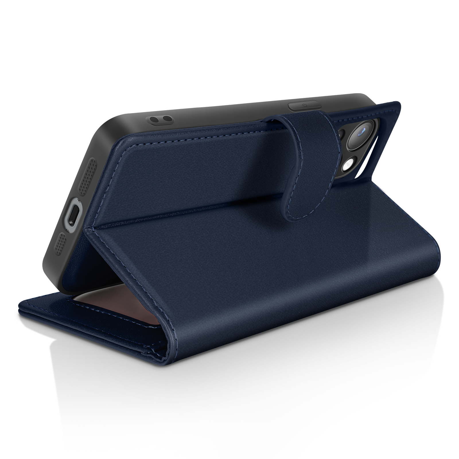 Una custodia blu navy è aperta, con un telefono nero. La custodia è su una superficie bianca, con ombre.