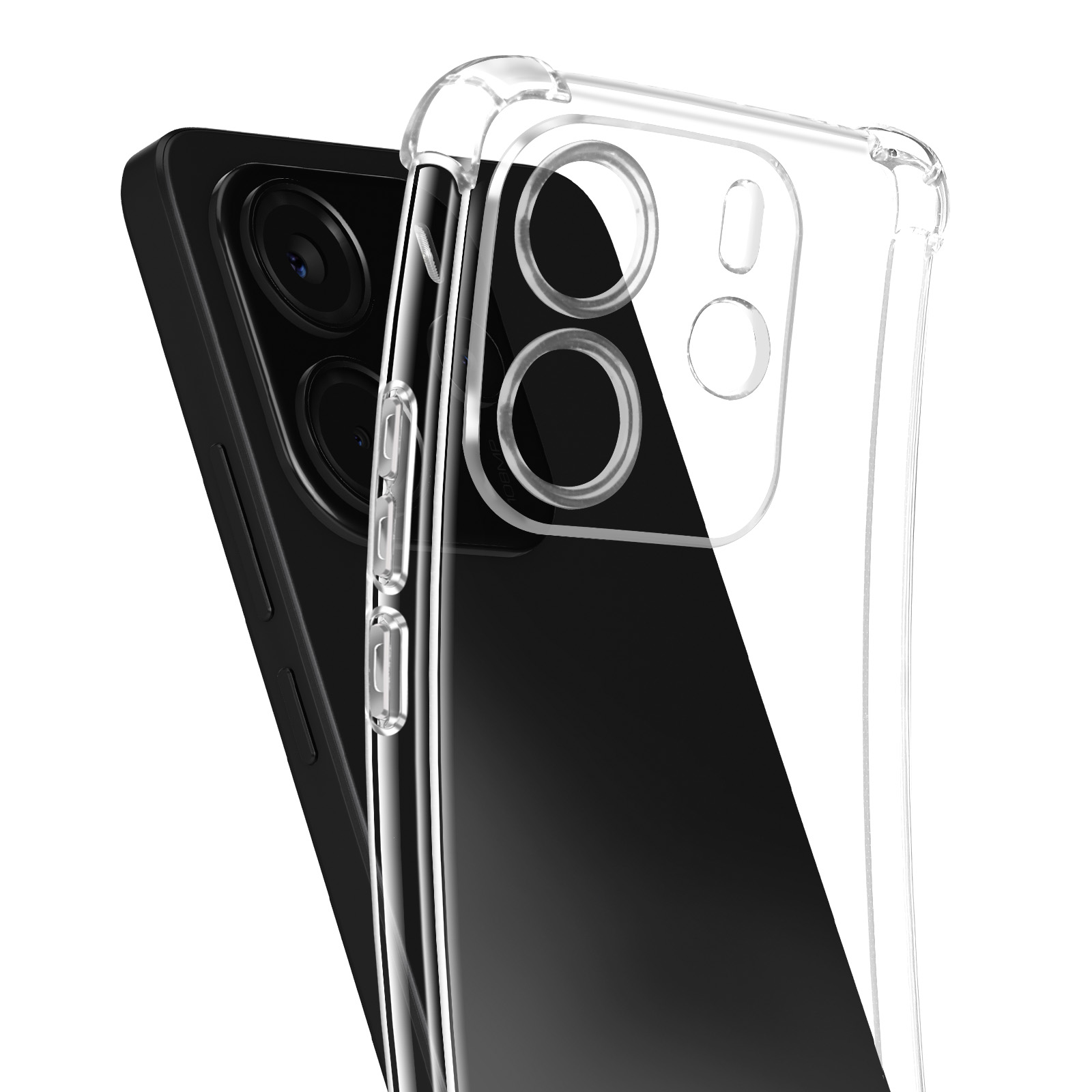 Due telefoni, uno nero, uno con custodia trasparente. La custodia trasparente è sul telefono nero.