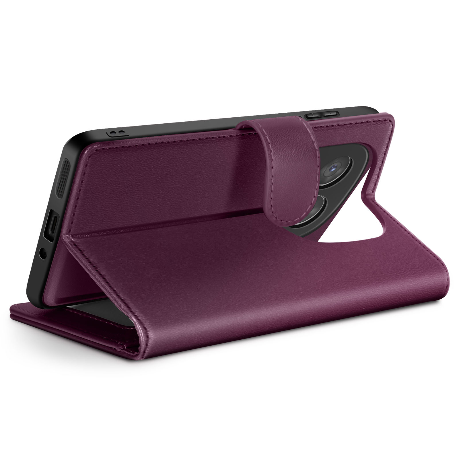 Una custodia bordeaux è aperta, mostrando un telefono nero. La custodia è in pelle, con chiusura magnetica.