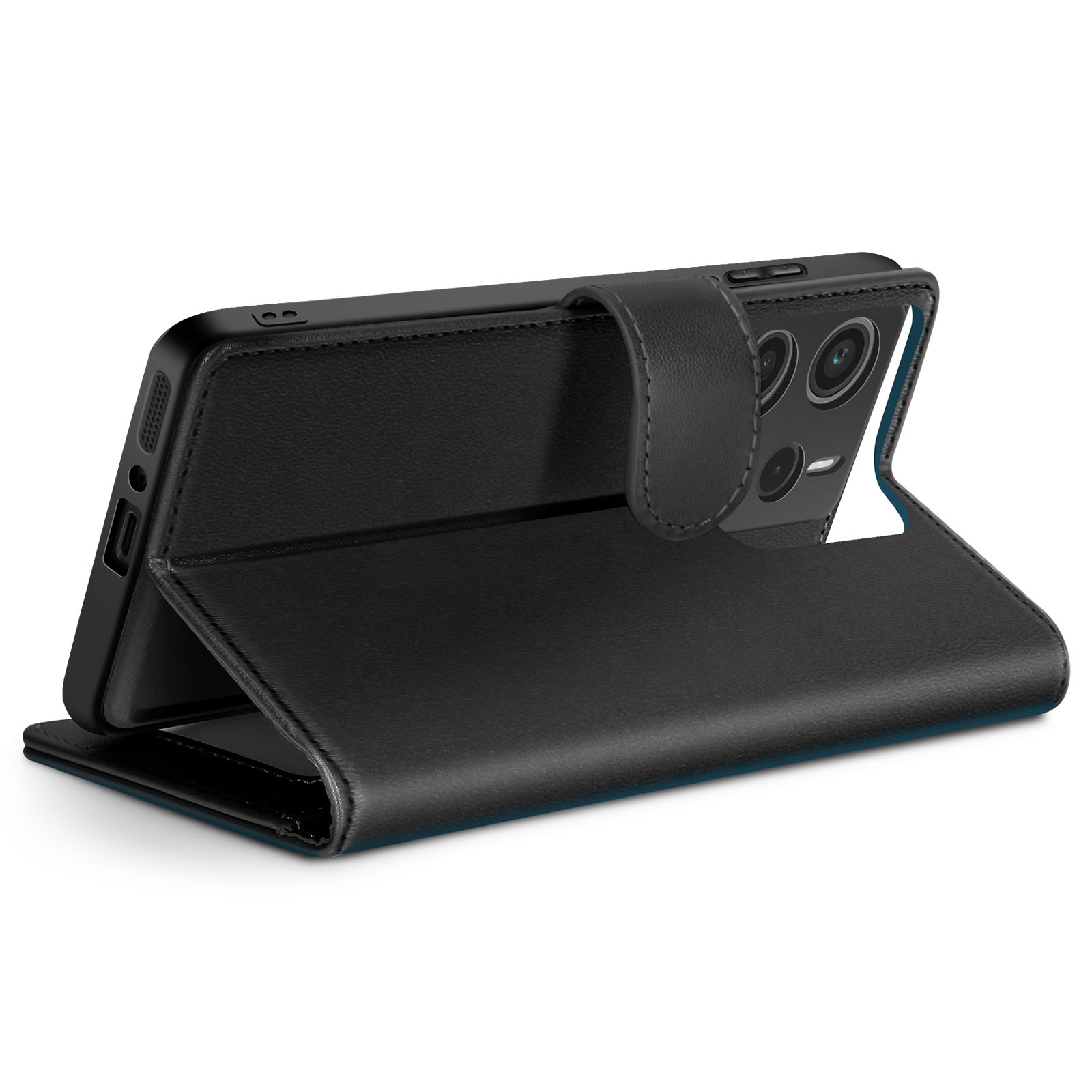 Custodia per telefono nera aperta, che mostra il telefono. La custodia è simile alla pelle con chiusura magnetica. Fotocamera del telefono visibile.
