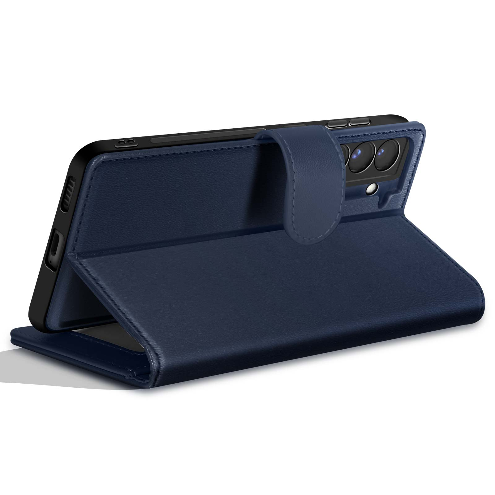 Una custodia blu scuro aperta, che mostra il telefono. La custodia è in similpelle con chiusura magnetica.