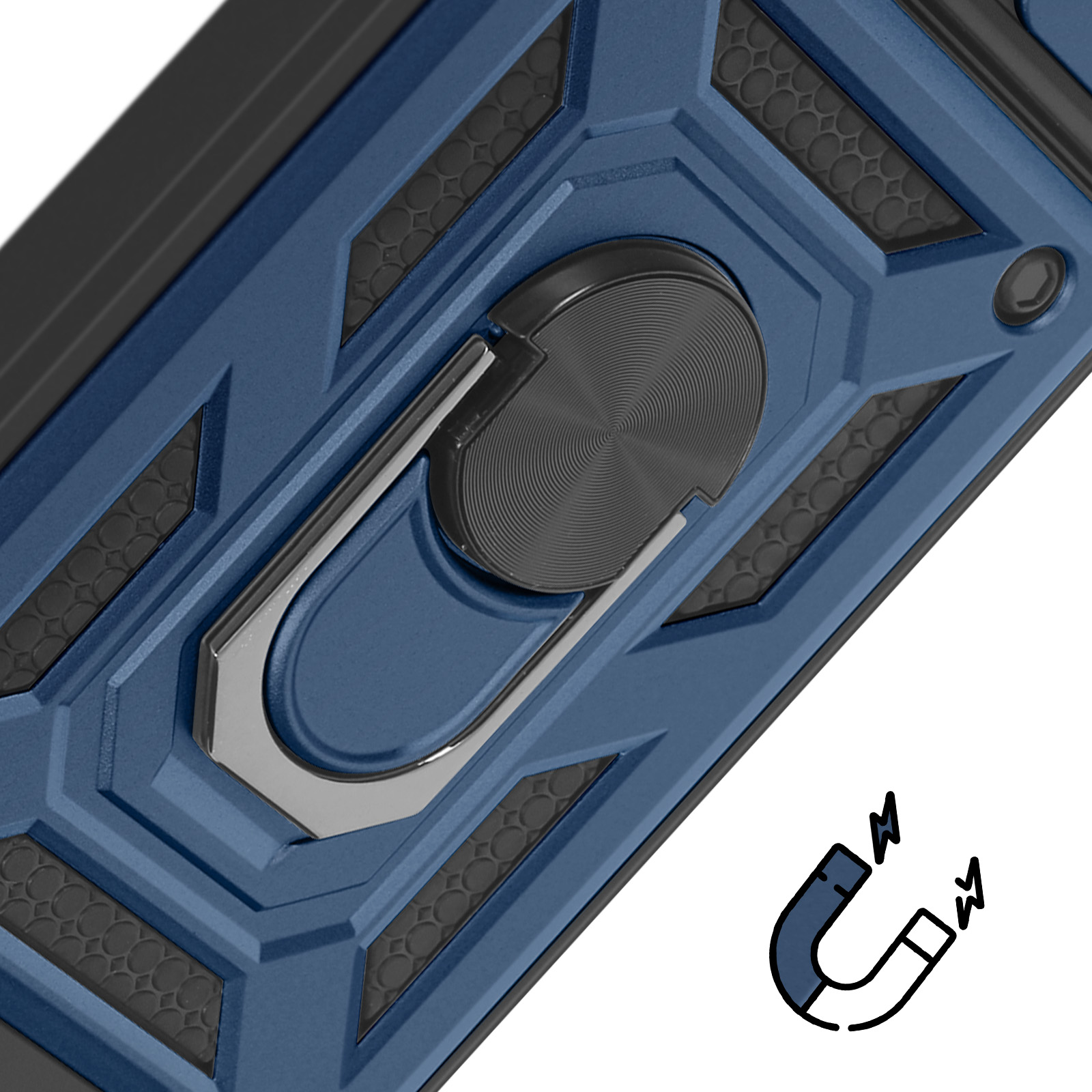 Blaue Handyhülle mit Ringhalter, schwarzen Akzenten und einem Magnet-Symbol.