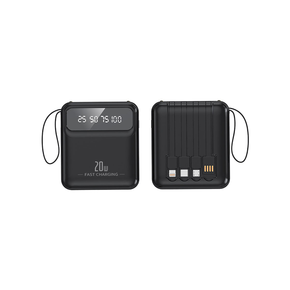 Zwei schwarze Powerbanks. Eine zeigt den Akkustand und '20W Fast Charging'. Die andere hat Ladeanschlüsse.