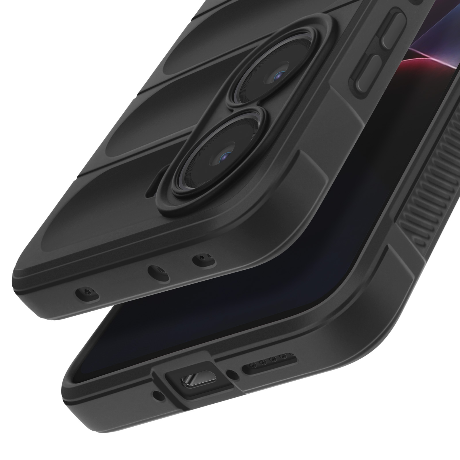 Custodia nera per telefono con fori per fotocamera, parzialmente aperta, che mostra lo schermo del telefono. Sfondo bianco.
