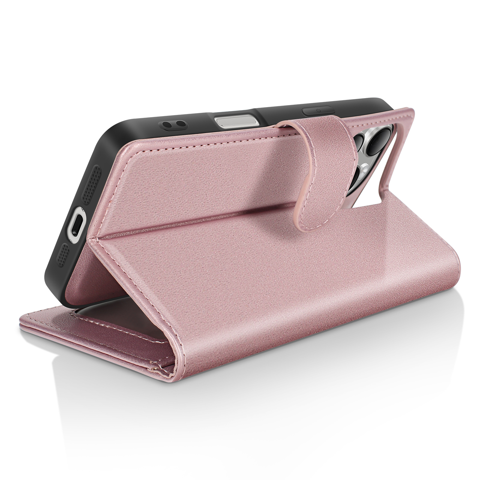 Custodia rosa per telefono, aperta, che tiene un telefono nero. La custodia è in similpelle con chiusura. Lo sfondo è bianco.