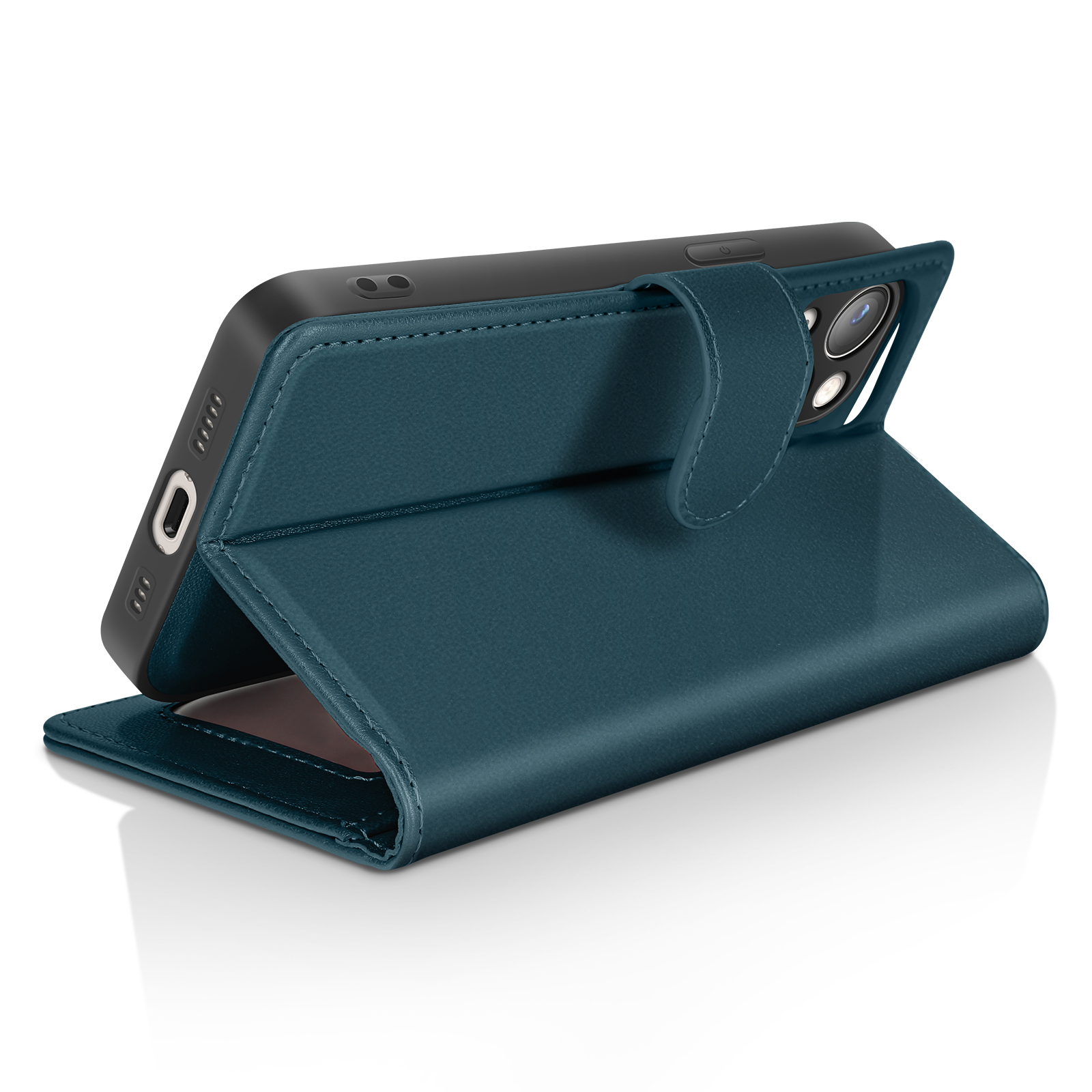 Custodia per telefono color teal in stile portafoglio, aperta su una superficie bianca. Il telefono è nero. La custodia è simile alla pelle con cuciture.